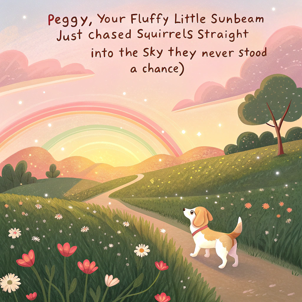At the top of the image, "Peggy, your fluffy little sunbeam just chased squirrels straight into the sky (they never stood a chance)."

- The image should be a realistic, soft-focused photograph in solemn tones, capturing a peaceful countryside at golden hour.  
- A faint, radiant rainbow arcs gently across a pastel sky, stretching from a flower-filled meadow to a glowing, dreamlike mist.  
- In the foreground, a small golden and white Shih Tzu—facing away, mid-step—walks confidently toward the bridge, ears slightly lifted in the breeze.  
- The “Rainbow Bridge” should be a gently arched path of light that subtly blends into the landscape, adorned with glowing paw prints that fade as they ascend.  
- The image should convey peace, warmth, and bittersweet farewell—meant to honor a cherished pet and offer comfort.
Generated with these themes: Gold and white shi tzu crossing the rainbow bridge .
Made with ❤️ by AI.