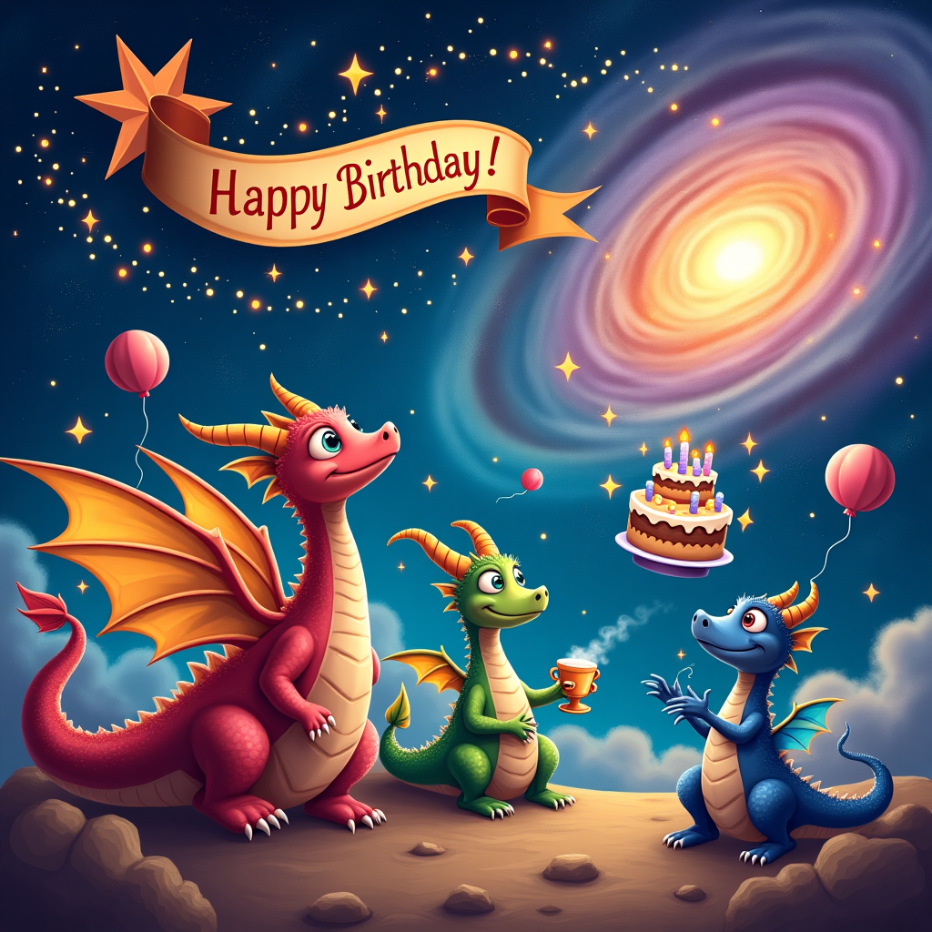 The scene opens in a whimsical, swirling galaxy where vibrant stars twinkle mischievously, each emitting its own cheeky glow. In the foreground, we find a comical ensemble of "Wings of Fire" dragons, each boasting an exaggerated, cartoonish style. There's a plump, cheeky dragon with a lollipop-pink body and large, shimmering golden wings, reminiscent of a large butterfly. Beside it, a slender, emerald dragon with outlandishly long, bendy horns playfully bats a floating, bubble-like planet back and forth with a claw, as if playing cosmic tennis. Behind them, a sapphire blue dragon with gleaming scales sits atop a tiny planet, lounging like a Roman emperor, clutching a gaudy, oversized goblet filled with cosmic punch. 

In the background, an enormous spiral galaxy swirls, its arm like tendrils reaching toward the dragons as if trying to join their playful antics. Amidst the stars, a cascade of sparkling comets zip by, leaving trails that form whimsical, haphazard constellations shaped like birthday cakes and balloons. Off to one side, a curious little spacecraft—shaped uncannily like a teapot—spouts steam as it hovers, piloted by an intrigued astronaut who peers out in awe through a helmet with eyes as wide as saucers.

Floating near the center, a cake-shaped asteroid adorned with fiery candles orbits slowly, each candle flickering as if powered by stardust. Suspended above this cosmic celebration is a large, banner-like shooting star that reads "Happy Birthday!" in dazzling, swirling letters, its tail wrapping around the entire scene like a celestial ribbon. The overall composition resembles a fantastical carnival ride suspended in the infinite embrace of the universe, a celebration as boundless and quirky as the cosmos itself.
Generated with these themes: Wings of fire dragons, and Universe .
Made with ❤️ by AI.