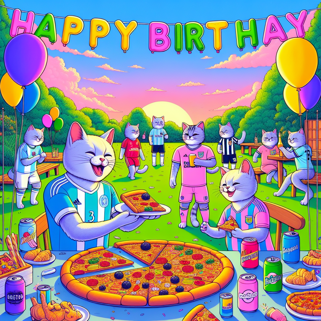 Bask in the serene setting of a birthday garden party bathed in pastel-dipped skies. Take delight as anthropomorphic cats, donned in various football club uniforms, share a jovial time, each offering a slice of vibrantly illustrated pizza fresh from a wood-fired oven that's bursting with color. Each feline cartoon character revels in the excitement held by their custom-sized soda cans, redesigned to match the whimsy of this animated setting. The phrase 'Happy Birthday' floats above the scene, each inflated letter playfully embodying different jubilant themes, hence completing this lively, cartoonish celebration.
Generated with these themes: Cats, Coke zero, Liverpool, and Pizza.
Made with ❤️ by AI.