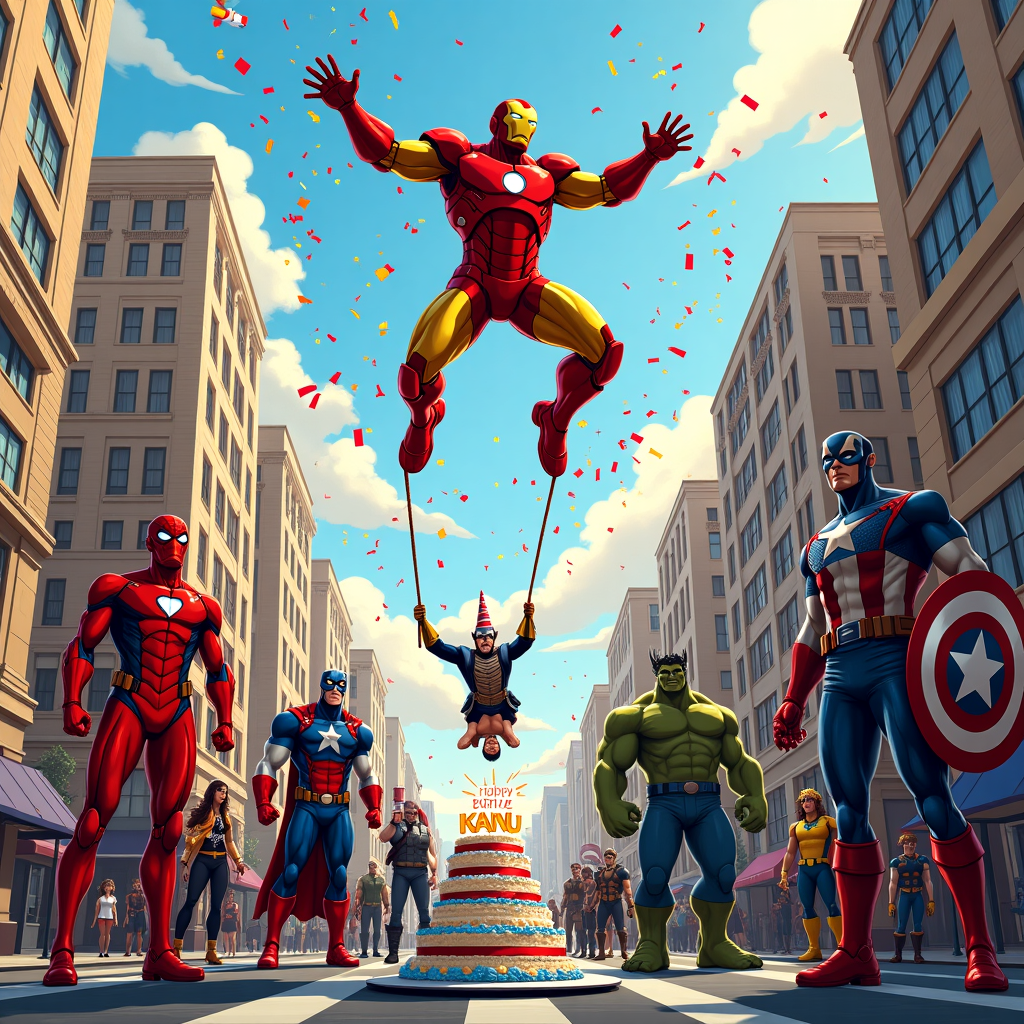 Iron man, thor, flash, hulk, spiderman, deadpool, black panther, captain american, woolverine, thanos wishing Kanu happy birthday, Happy birthday kanu banner, Happy birthday kanu cake, and No duplicate characters Birthday Card