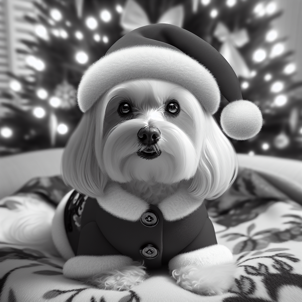 A cartoon Christmas scene unfolds with a chubby Maltese dog at the center, donned in a festive coat. While the coat's color remains a mystery due to the black and white image, the dog's eyes twinkle with holiday cheer beneath a Santa hat, next to a decorated tree. This is not a cat.
.
Made with ❤️ by AI.
