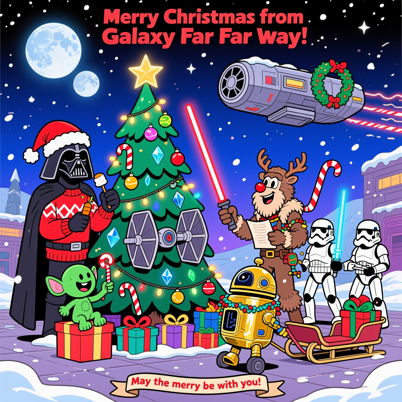 At the top of the Cartoon Style image, Merry Christmas from a Galaxy Far Far Away!

A bright, funny Star Wars–inspired holiday parody in playful cartoon style: snowy Hoth-like plaza under a deep indigo sky with twinkling stars and twin moons, everything outlined with thick black lines and drenched in saturated reds, greens, blues, and purples. Center stage: a towering Christmas tree cleverly built from stacked TIE-fighter shapes, wrapped in candy-cane lightsaber garlands and glowing kyber-crystal ornaments, crowned with a brilliant star. Around it, exaggerated, big-headed characters in energetic poses:
- A towering helmeted dark lord in a jolly Santa hat and tacky space-sweater, cheerfully toasting a marshmallow on his red lightsaber.
- A small green space wizard perched on gift boxes, grinning, holding a tiny candy-cane saber, one ear cocked.
- A tall furry co-pilot hilariously tangled in twinkle lights, baubles stuck in his fur, clutching a carol sheet.
- Two white-armored troopers rolling a “snow-AT-AT,” one trying to stick a carrot nose on his helmet.
- A shiny gold protocol droid draped in tinsel, and a round astro droid wearing reindeer antlers with a glowing red nose, hauling a sled of presents.
Overhead, a disk-shaped freighter zooms by with a wreath on its nose and a trail of sparkling candy-cane contrails. Snow swirls gently; warm multicolored light from the tree and sabers paints cozy highlights across the scene. Emphasize whimsical expressions, chunky proportions, bold shadows, soft cel-shading, and festive sparkles.

Optional small text to enhance the joke: at the bottom on a tiny ribbon banner, “May the merry be with you!”
Generated with these themes: Star wars , and .
Made with ❤️ by AI.