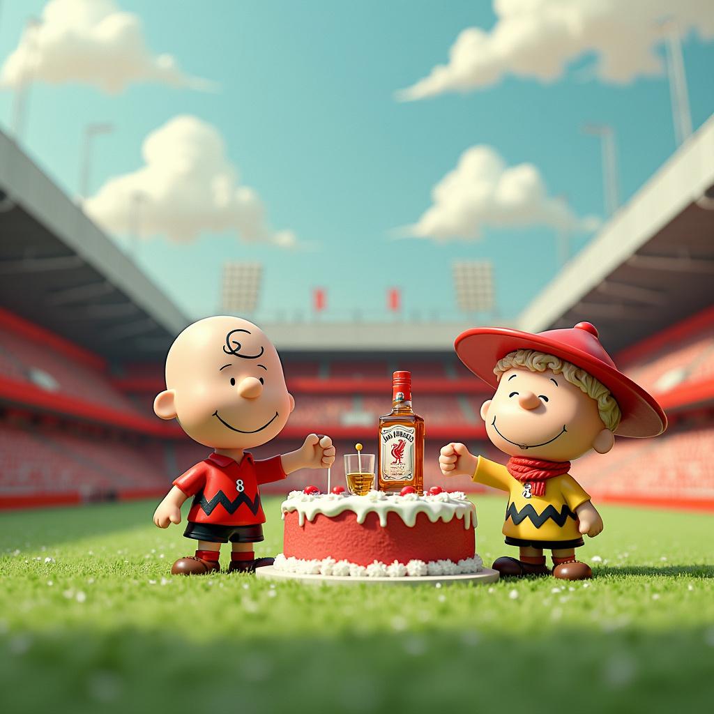 In a cheerful scene, the background features a light blue sky adorned with fluffy white clouds, set above a tall and majestic brick red stadium proudly displaying the Liverpool Football Club emblem. Below, a vibrant green grass stretches across the bottom, lush and well-manicured. The characters in this lively atmosphere include a Peanuts-style Charlie Brown, standing proudly in a Liverpool jersey with the number 8, a football at his feet, and Calvin from Calvin and Hobbes, who is joyfully jumping up and down in a Liverpool scarf and cap.

In the foreground, a stunning birthday cake captures attention with its red and white colors, reflecting Liverpool's identity, and decorated with mini footballs and a Liverpool FC crest as the cake topper. Beside the cake sits a Jack Daniels whiskey bottle, featuring a detailed label and accompanied by a small cartoon character holding a tiny glass, raising it in a toast.

The decorations enhance the festive spirit with balloons in red, white, and black, some shaped like footballs and others showcasing the Liverpool emblem. A white banner strung across the top of the scene wishes everyone a "Happy Birthday!" and is tastefully adorned with small Liverpool and Jack Daniels logos. Additional elements include beautifully wrapped gift boxes in red, black, and gold, styled with Liverpool-themed wrapping paper and Jack Daniels ribbons. Nearby stands a cartoon-style Jack Daniels mascot, wearing a Liverpool scarf and hat while holding a sign that reads "Cheers!" This vibrant celebration merges the excitement of football with the warmth of companionship, creating a lasting memory.

Generated with these themes: Liverpool Football Club, and Jack Daniels whiskey.  
Made with ❤️ by AI.