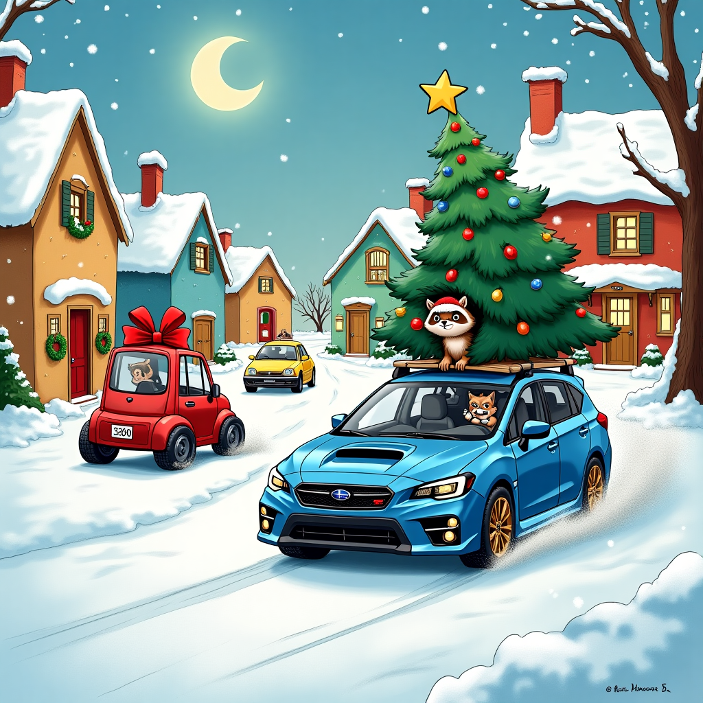 Different models of subarus christmas in the snow Christmas Card