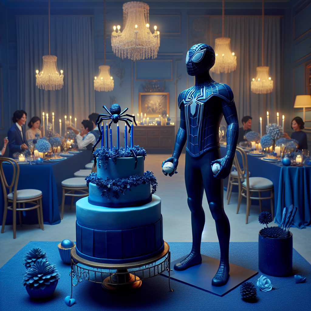 A serene scene set in a dimly lit room, awash with shades of blue, casting a tranquil environment, kind of solemn in its subdued joy. An eerily life-like figure of an insect-themed superhero, distinctively crafted with extreme accuracy, stands proudly on the central table surrounded by navy blue decorations. In place of his traditional web, he holds a baseball, amalgamating the superhero theme with a passion for sports. An elegant, simplistic cake stands nearby, adorned with a single blue candle, its flame encapsulating the muted excitement of the occasion. Party attendees, elegantly attired in various shades of blue, indulge in soft laughter as they exchange past memories of the birthday individual, their mirth serving as the soft soundtrack to this special birthday event.
Generated with these themes: spiderman, the color blue, baseball.
Made with ❤️ by AI.