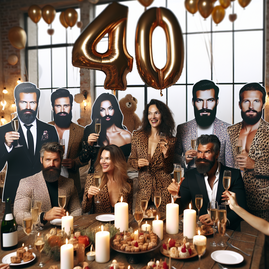 Create an image of a whimsical birthday party in a cozy location where the air is filled with laughter. Visualize guests holding clinking champagne flutes, all wearing stylish outfits decorated with chic leopard prints. The venue should be adorned with balloons marked with the number 40. To add a quirky touch, there should be life-sized cutouts of handsome bearded men of various descents such as Hispanic, Middle-Eastern, and South Asian spread across the room. The scene should encompass both elegance and lighthearted fun.
Generated with these themes: Champagne, Leopard print , 40, and Bearded men.
Made with ❤️ by AI.