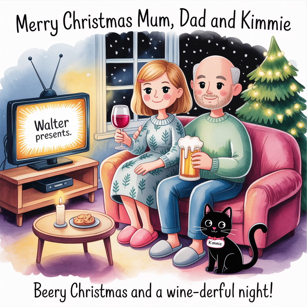 Woman with shoulder blonde hair, with grey dress with leaves, half sleeves, pink slippers drinking red wine with husband with short white hair, with small beard, bald on top of head, green sweater, grey slippers drinking beer, Walter presents on tv, black cat called Kimmie sitting next to them, and Birthday Card