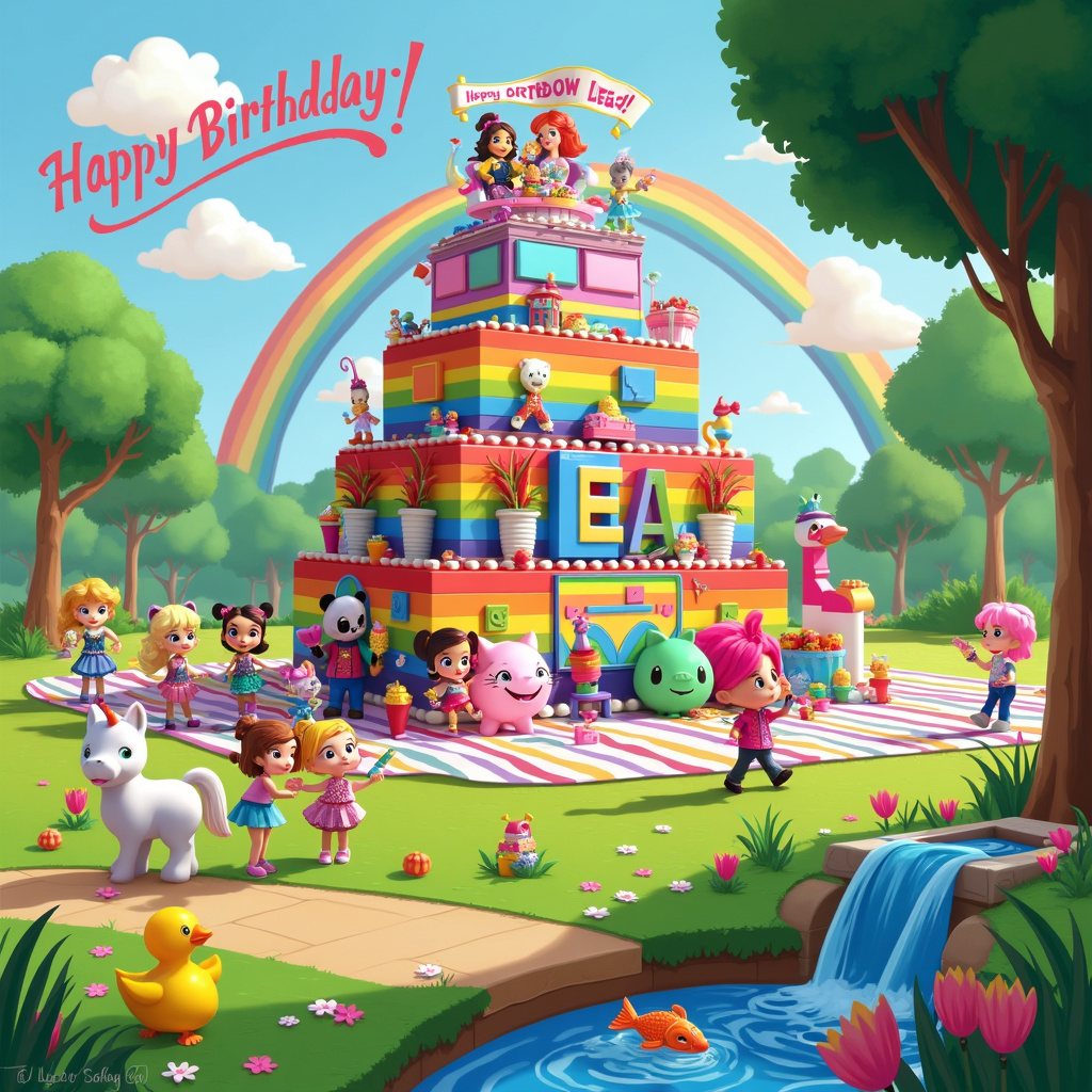 In the scene, picture a whimsical, vibrant park bustling with lively characters and joyful activity. The centerpiece of the scene is a colossal, tiered birthday cake made of colorful LEGO bricks, complete with intricate designs and characters built into the layers. Perched atop the cake is a LEGO minifigure holding a banner that reads, "Happy Birthday, Lea!" in cheerful, blocky letters.

Around the cake, Squishmallows of various shapes and sizes, including a unicorn, a cat, and a panda, are having a fun-filled picnic on a large rainbow-striped blanket. The Squishmallows are hugging, laughing, and enjoying oversized, cartoonish treats like ice cream cones and cupcakes.

On one side of the scene, a group of Rainbow High dolls are putting on a fashion show, strutting down a LEGO runway. Their dazzling outfits shimmer under the sun, with one doll holding a sparkly sign that spells out "Lea" in rainbow-colored glitter.

In the sky above, fluffy clouds spell out "Happy Birthday, Lea" in playful, cursive writing, and a rainbow arches across the top of the card, with its end landing near the birthday cake. The park is dotted with bright, stylized trees and flowers reminiscent of Charles Schulz’s Peanuts backgrounds, and in the foreground, a charming little LEGO duck is waddling near a small pond filled with squishy toy fish.

Every corner of the scene is brimming with animated details and lively interactions, creating a joyful and engaging birthday celebration that ties together the themes of Squishmallows, LEGO, and Rainbow High in a uniquely delightful way.
Generated with these themes: Squishmallow, Lego, and Rainbow high.
Made with ❤️ by AI.