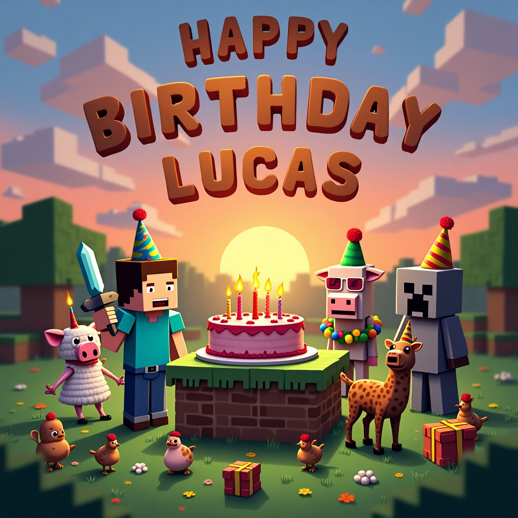 Picture this whimsical, humorous scene set in the blocky world of Minecraft, where the pixelated landscape is teeming with life. In the center, a large square table made of pixel blocks supports an oversized birthday cake, vibrant and rectangular, with its frosting crafted to resemble Minecraft blocks. The cake is topped with flickering candles, their flames pixel-perfect, illuminating the gathering. Steve, the iconic blocky character, stands next to the cake, sporting a birthday hat made of bright, blocky pixels. He holds a diamond sword in one hand, raised high as if to slice the towering cake.

Surrounding Steve is a quirky ensemble of Minecraft animals, each bringing their own charm to the party. A sheep with a rainbow wool coat and a pig wearing pixelated sunglasses are dancing jubilantly, while a cow with a party horn sticking out of its mouth seems ready to moo a birthday tune. An ocelot, draped with a garland of blocky flowers, nimbly balances a gift wrapped in pixelated paper on its head.

In the backdrop, the sun sets in a cascade of pixelated oranges and purples over the lush, green Minecraft pastures. The clouds are carefully crafted to spell out "Happy Birthday Lucas" in bold, block letters, floating across the vibrant sky like a celebratory banner. A few chickens peck at the grass near the edge of the scene, wearing tiny party hats, adding a touch of humor to this imaginative birthday bash.

To the side, an Enderman stands awkwardly holding a slice of cake, eyes glowing with curiosity, while a Creeper lurks cautiously behind a block, with a comically oversized party hat perched precariously on its head, looking more mischievous than menacing. This playful, pixelated world captures the heart of a joyous birthday celebration, uniquely tailored for "Lucas," in a way that is sure to bring a smile to any Minecraft fan.
Generated with these themes: Minecraft themed birthday party with Steve and animals surrounding a lit birthday cake celebrating while the green pastures and sunset is in the background.
Made with ❤️ by AI.