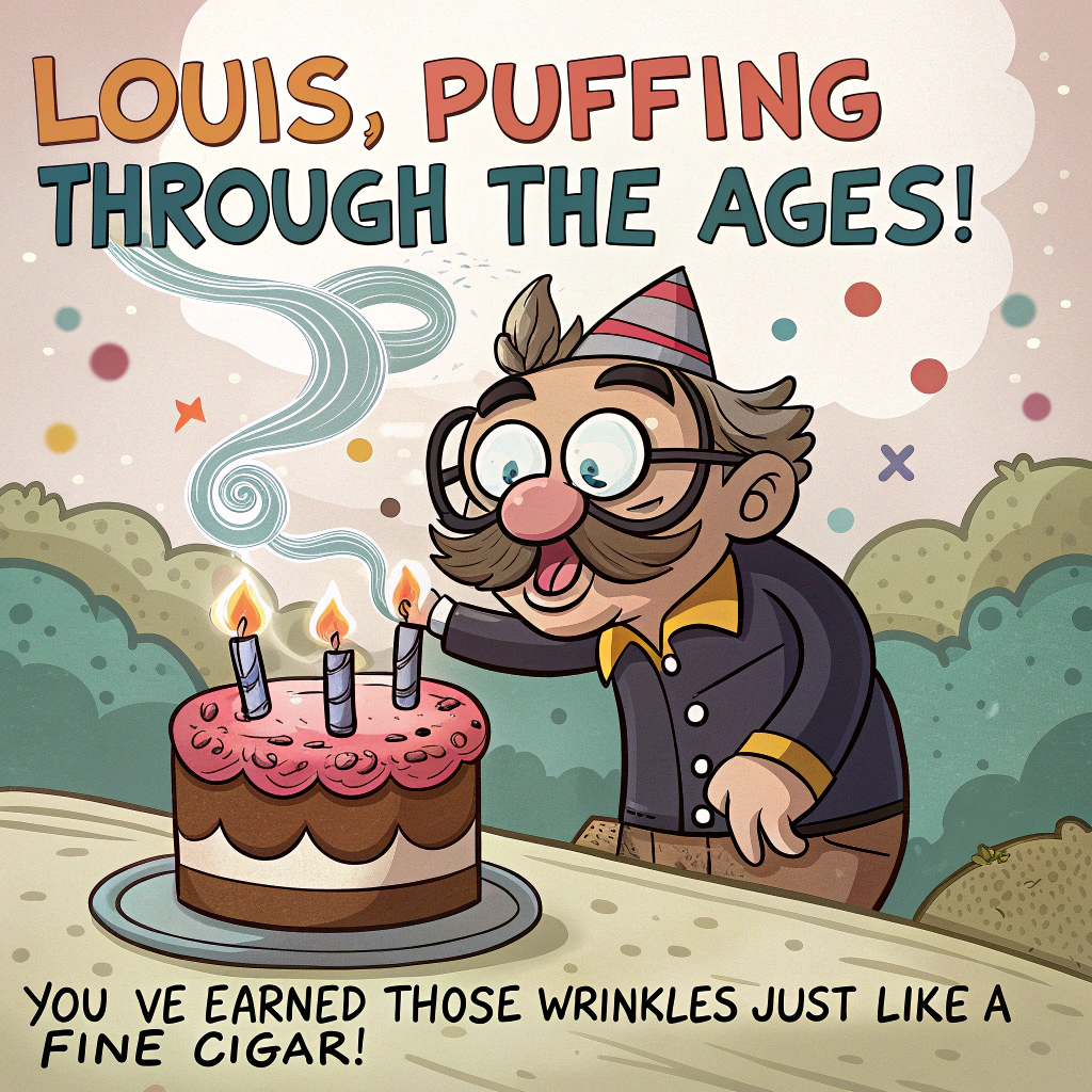 At the top of the image, "Louis, Puffing Through the Ages!"

At the bottom of the image, "You've Earned Those Wrinkles—Just Like a Fine Cigar!" 

- Illustrate a lively cartoon scene with a jovial old man, Louis, with a big mustache and glasses, humorously blowing cigar smoke rings that form into birthday candles on an invisible cake. His eyes are wide with playful mischief, and he's sporting an exaggerated birthday hat that sits askew on his head. The colors are vibrant, with the cigar's smoke depicted in a whimsical swirl of pastel hues.
Generated with these themes: Cigars, and .
Made with ❤️ by AI.