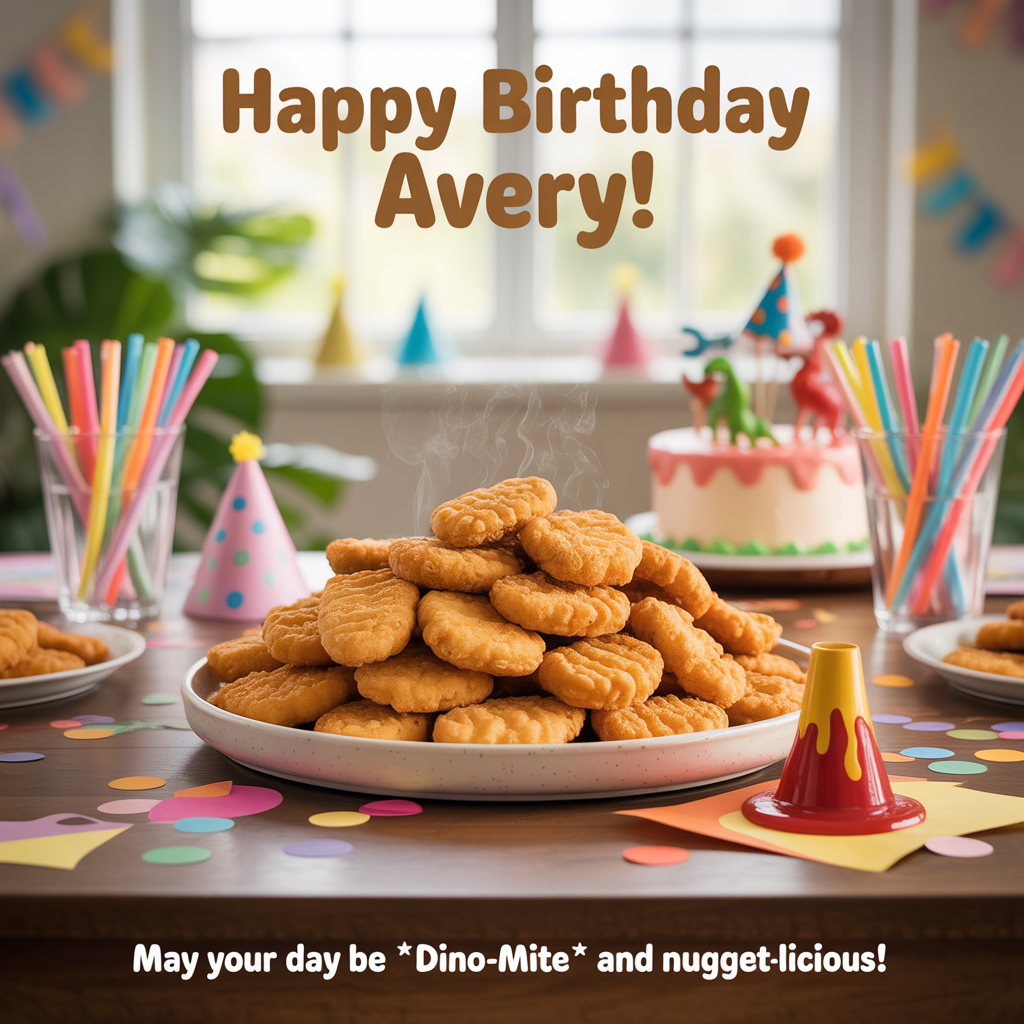 At the top of the image, "Happy Birthday Avery!"  

At the bottom of the image, "May your day be *dino-mite* and nugget-licious!"  

— In the center, capture a photorealistic 4K UHD close-up of a birthday party table lit with soft golden daylight streaming through a window. In the middle sits a big, white ceramic plate piled high with perfectly crispy dinosaur-shaped chicken nuggets, steam gently rising as if just out of the oven. A small cup of ketchup shaped like a volcano oozes “lava” down the side. Colorful confetti, rainbow paper straws in milk glasses, and pastel party hats are scattered around the table. In the background, slightly blurred for depth of field, there’s a small birthday cake decorated with miniature plastic dinos wearing party hats. The whole scene should feel warm, cute, celebratory, and deliciously inviting.
Generated with these themes: Dino chicken nuggets , and .
Made with ❤️ by AI.