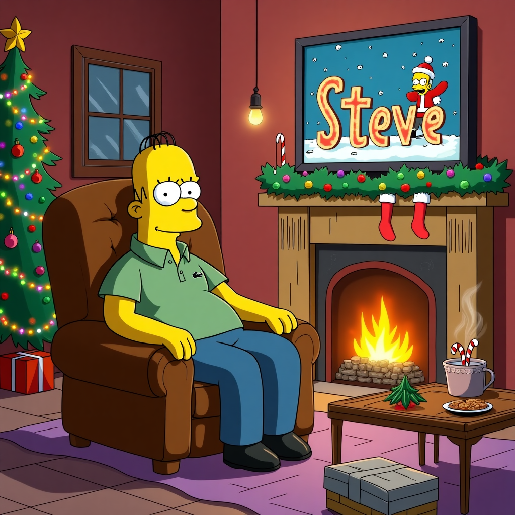 Picture a warm, cozy living room in the heart of the festive season, designed in the vibrant, whimsical style reminiscent of "The Simpsons." At the center of the scene, we have a bald man named Steve, comfortably lounging in a plush, oversized brown leather chair. He's sporting a classic Lacoste polo, its distinctive crocodile logo subtly visible on his chest. The chair has that characteristic worn-in look, with slight creases and a soft sheen that catches the light from a nearby fireplace.

The room is filled with Christmas cheer—there's a brilliantly decorated tree in the corner, its branches brimming with colorful ornaments and twinkling lights. Nearby, a small table is crowded with holiday knick-knacks: a plate of cookies, a steaming mug of hot cocoa with a candy cane sticking out, and a tiny Santa figurine waving merrily. 

On the wall behind Steve, there's a large flat-screen TV, playing a classic holiday special. In the style of "The Simpsons," the TV characters are all rendered in yellow-skinned, bulbous-eyed animation. The program is filled with snowflakes gently falling, each flake twinkling as it drifts down.

Most creatively, Steve's name is incorporated into the scene: above the mantlepiece, a string of colorful Christmas lights spells out "Steve." Each letter is crafted from tiny, glowing bulbs that add a festive sparkle to the room. The word "Steve" is nestled amongst traditional holiday garlands and stockings hung with care. The light of the fireplace flickers, casting a warm, golden glow over the entire scene, as if inviting the viewer to step inside and join Steve in his Christmas celebration.
Generated with these themes: Bald man, wearing Lacoste, sat in a brown leather chair, watching TV, and In the Art Style of the simpsons .
Made with ❤️ by AI.