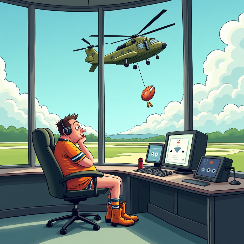 At the top of the Cartoon Style image, Best wishes

Funny farewell scene in a playful Cartoon Style: inside a quiet, sunlit air traffic control tower with tall wraparound windows and a panoramic view of a calm runway. Foreground: a bored air traffic controller with exaggerated proportions (big head, tiny legs), slouched in a swivel chair, cheek squished into one palm, eyes half-lidded and comically glazed. They’re wearing a bright, striped rugby jersey, with striped socks and chunky boots. One hand loosely holds a rugby ball; on the desk sit a headset, a mini pencil-made rugby goalpost, and a mousepad printed like a rugby pitch. Radar screens show simple, friendly shapes to emphasize the slow day.

Outside the glass: a cheerful cartoon Chinook helicopter hovers close to the window, with expressive eyes in the cockpit and a big friendly grin. Twin rotors blur into swoopy loops and motion lines. From its sling line dangles an oversized rugby goalpost (or giant rugby ball), as if it’s come to whisk the controller away to the “scrum.” The airfield below is peaceful, bright blue sky with puffy clouds.

Style: thick black outlines, bright saturated candy colors, rounded forms, whimsical, energetic poses and motion, playful lighting, full-bleed portrait composition. Make “Best wishes” at the top in bouncy bubble lettering with a bold outline.

Add one small, cheeky caption near the bottom: Your next try is inbound—via Chinook!
Generated with these themes: Sat bored in quiet air traffic control tower, Rugby, Chinook helicopter, and .
Made with ❤️ by AI.