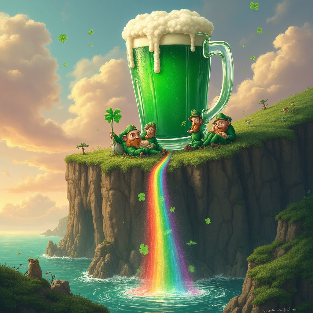 At the top of the Surreal Style image, incorporate the name **Catherine** whimsically. 

**Image Prompt:**

Create a dreamlike landscape where an oversized pint of foamy green "weed drink" balances on a gigantic forehead that resembles the Cliffs of Moher. Below the forehead, small, mischievous leprechauns lounge, some taking sips from the massive drink through quirky straws shaped like shamrocks. The sky is a blend of soft oranges and purples, with floating clouds that look like fluffy four-leaf clovers. In the foreground, a rainbow arches, its end pouring into the drink, creating a kaleidoscope of colors swirling in the liquid. The text on the image reads: "A forehead big enough for a pint! Happy Birthday, Catherine!"
Generated with these themes: Weed drink big forehead Irish, and .
Made with ❤️ by AI.
