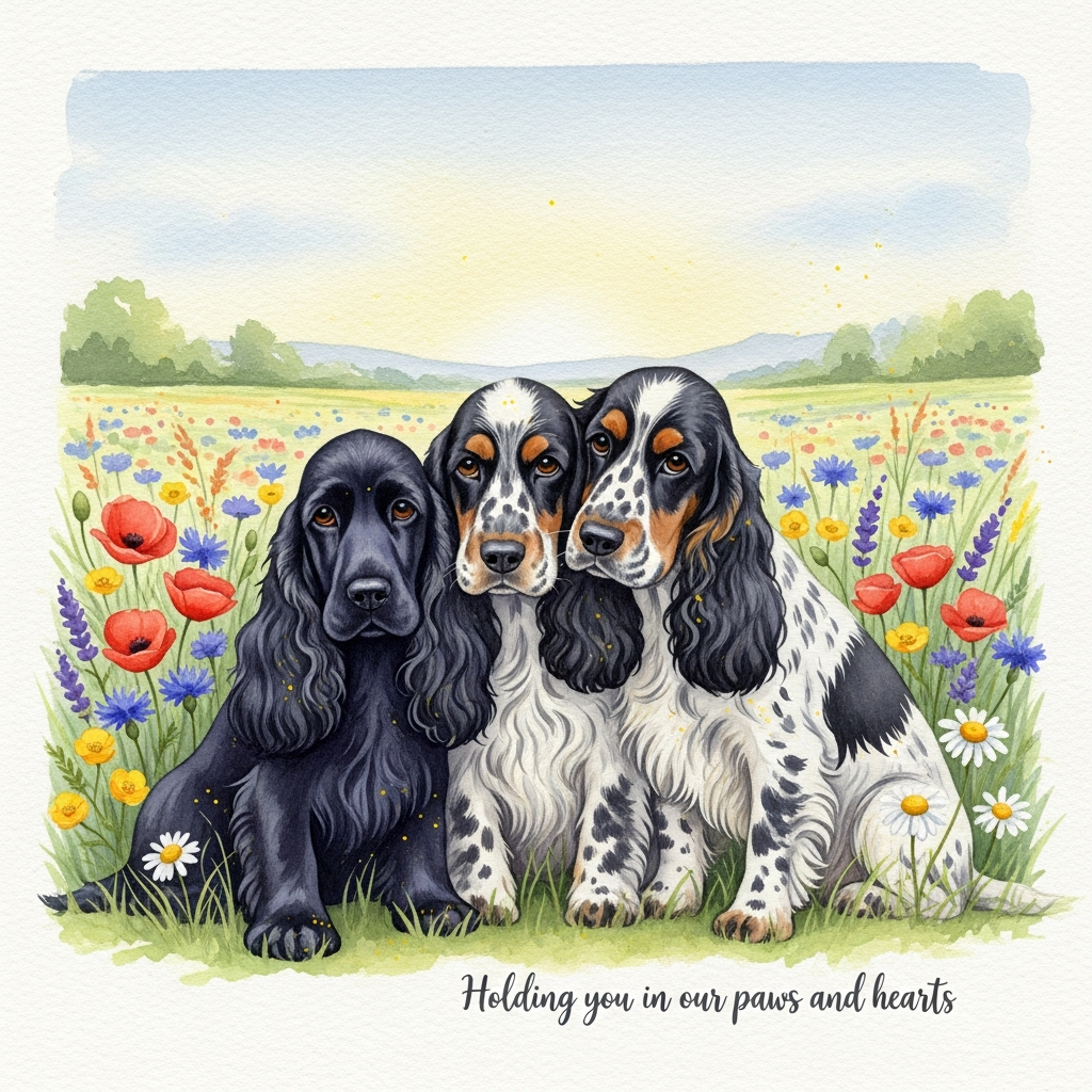 Wildflower meadow, bright colours , 3 female Cocker Spaniels - one all black, one speckled white on black, one speckled black on white, and Sympathy Card