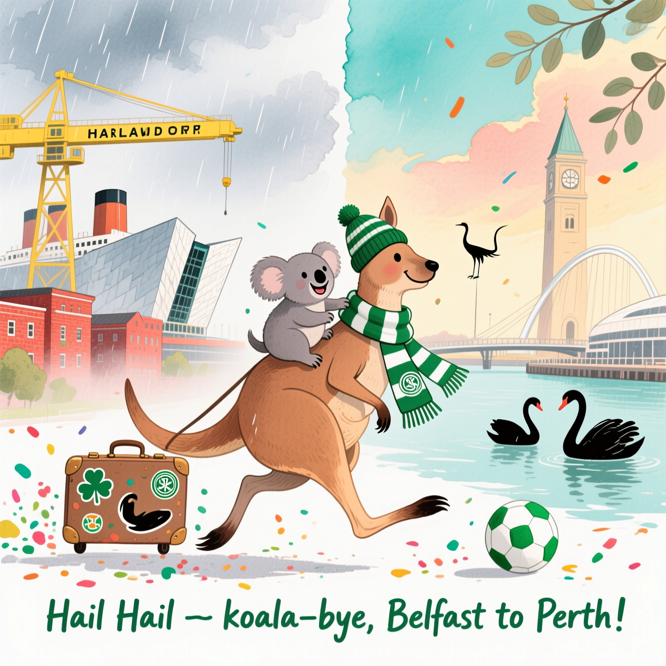 Full-bleed watercolor scene with airy, soft washes and delicate gradients on natural cold-press paper. Left side subtly evokes Belfast: misty slate-blue sky with gentle rain blooms, the yellow Harland & Wolff gantry cranes and angular shimmer of the Titanic Belfast building emerging in loose, suggestive strokes over brick-red terraces. Right side melts into sunny Perth: warm peach-gold sky fading to turquoise, the Swan River with inky black swans, the Bell Tower and Elizabeth Quay arcs sketched in light linework, eucalyptus leaves drifting.

Center stage: a cheeky kangaroo mid-hop, wearing a green-and-white hooped Celtic Football Club scarf (no logos), towing a vintage suitcase splashed with watercolor travel stickers (a shamrock, a black swan, a tiny crane silhouette). Perched on the kangaroo’s back, a cuddly koala in a matching hooped beanie clings on, grinning, balancing a little green-and-white football. Playful splashes and pigment blooms trail behind them like confetti, blending Belfast’s cool greys into Perth’s warm corals and aquas. Selective crisp detail on the animals’ faces and scarf stripes; everything else stays soft, loose, and washy with subtle granulation.

Text on image (single line, hand-painted brush lettering, bottom center in deep emerald watercolor): “Hail Hail — koala-bye, Belfast to Perth!”
Generated with these themes: Belfast, Perth, Celtic Football Club, Koala, Kangaroo, and .
Made with ❤️ by AI.