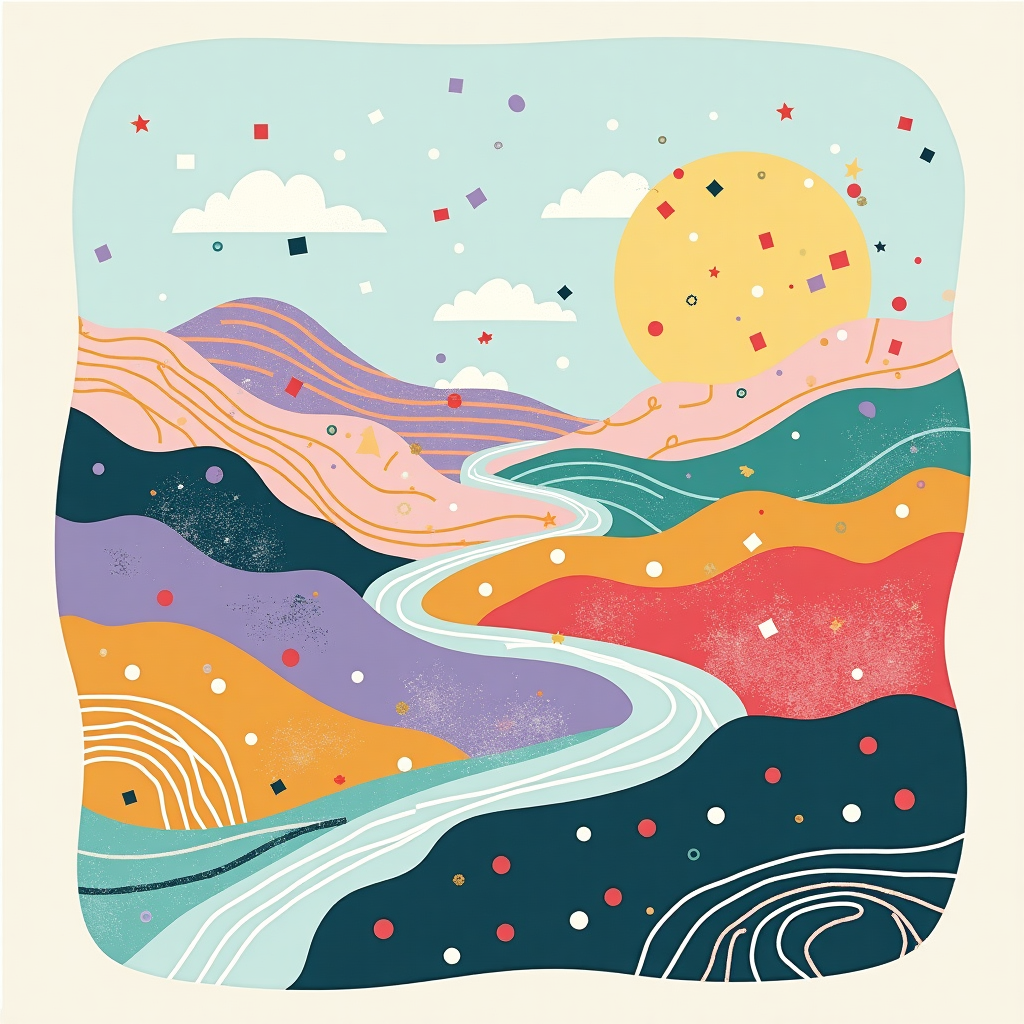 **Front Cover Design Description for Mother's Day Card:**

Imagine a vibrant, abstract landscape teeming with a symphony of shapes, colors, and forms that capture the essence of traveling and wellness without depicting a direct mother figure.

**Background:**
The backdrop is a serene gradient of pastel blues and purples, reminiscent of an endless horizon or the gentle blending of a sunrise on the verge of a new journey, reminiscent of Rothko's subtle color transitions. 

**Central Elements:**
1. **Geometric Travel Pathways:** Inspired by Mondrian's linear style, incorporate a network of bold, intersecting lines and squares in primary colors (red, yellow, and blue) across the canvas. These represent diverse travel paths and destinations, forming a visual map that alludes to adventures and explorations. 

2. **Wellness Orbs:** Scattered amidst the geometric patterns are a series of swirling, organic orbs inspired by Kandinsky's playful shapes, painted in soothing greens, calming lavenders, and refreshing turquoises. Each orb is filled with rhythmic, curving lines that echo the fluidity of water or gentle breezes—symbols of wellness and rejuvenation.

3. **Dynamic Flight Trails:** Incorporate Pollock-esque splatters and drips of white and silver, which arc and weave across the card, symbolizing the flight trails of travel—dynamic, free, and unbound. 

4. **Abstract Luggage Forms:** Utilize de Kooning’s fluid abstraction to create amorphous shapes in earthy tones (like rust, ochre, and sienna), hinting at travel luggage or backpacks, blending seamlessly into the background yet distinctly identifiable upon closer look.

**Foreground Details:**
- **Miro-inspired Icons:** Tiny star-like motifs and abstract bird forms, painted in bold blacks and whites, float across the scene, suggesting a constellation of travel dreams and the freedom of wellness pursuits.

- **Twombly-like Scribbles:** Integrate fine, looping scribbles in gold and soft pastel shades that spiral around key elements, adding texture and a sense of motion, as if thoughts and plans are joyously dancing across the scene.

The overall composition is one of harmonious chaos, where each element is a celebration of shapes and colors, coming together to symbolize a Mother's Day dedicated to the spirit of exploration and the serenity of well-being, devoid of literal representation but rich in symbolic interpretation.
Generated with these themes: Traveling, and Wellness.
Made with ❤️ by AI.