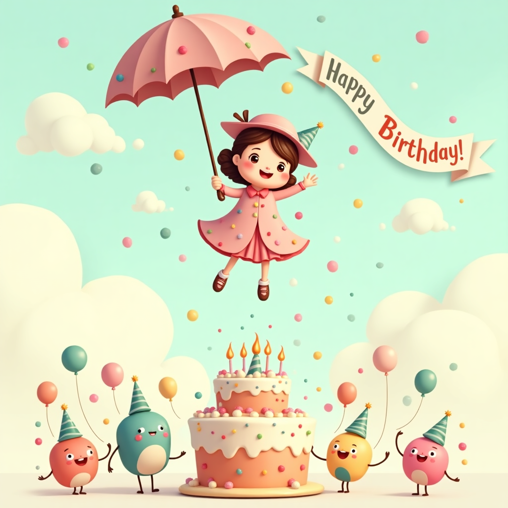**Prompt:**  
A cute cartoon-style scene featuring a whimsical Mary Poppins-inspired character floating down gently from a pastel sky using an open umbrella patterned with colorful marbles. She has rosy cheeks, a joyful smile, and wears a classic vintage outfit with a playful twist—her coat and hat are dotted with shiny marbles. Below her, a cheerful group of anthropomorphic marbles with little eyes, party hats, and confetti are celebrating around a giant birthday cake shaped like a top hat. The background includes fluffy clouds shaped like balloons and a banner in the sky reading "Happy Birthday!" in swirly, candy-colored letters. The entire scene radiates playful energy and charm.
Generated with these themes: Mary poppins, and Marbles.
Made with ❤️ by AI.