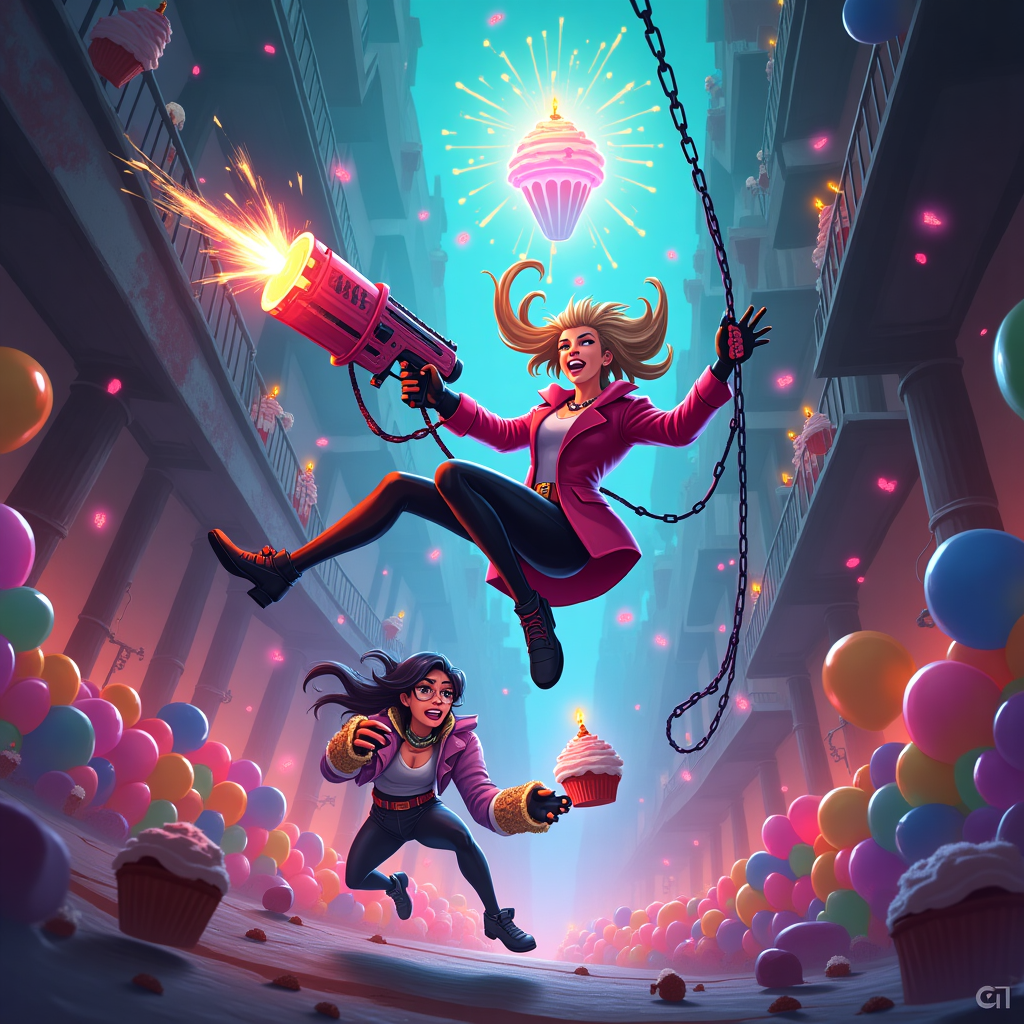 **Prompt:**

At the top of the illustration image, *"BOOM-BOOM Birthday, Chloe — Lock & Load the Cake!"*

A surreal, high-energy illustration in the style of Arcane: League of Legends. In a vividly lit, chaotic Under City alley glowing with arcane graffiti and pulsing blue shimmer, Jinx grins wildly while swinging from a neon-pink grappling wire. She's holding an enormous, rocket-powered cupcake launcher, candy sprinkles fizzling from the muzzle like confetti. Her braids fly dramatically in the air. Below her, Vi barrels through a wall of colorful balloons with her signature gauntlets—now oversized, frosting-smeared, and party-horn-enhanced—punching through floating piñatas shaped like Hextech cores.

Surrounding them, distorted, Escher-esque architecture twists upward, lined with crooked metal catwalks, neon lights, and half-melted birthday candles as tall as smokestacks. Tiny cake-like shimmercrabs scuttle about, leaving trails of sparkles and crumbs. In the hazy background, a glitter-dusted firework explosion morphs into a cupcake-shaped nebula illuminating the purple-green smog sky.

A magical mix of menace, mischief, and mayhem—because birthdays in Zaun are anything but normal.
Generated with these themes: Arcane League Of Legends, Jinx Arcane League Of Legends, Vi Arcane League Of Legends, Jinx weapons Arcane League Of Legends, Gauntlets Arcane League Of Legends, and Under City Arcane League Of Legends.
Made with ❤️ by AI.