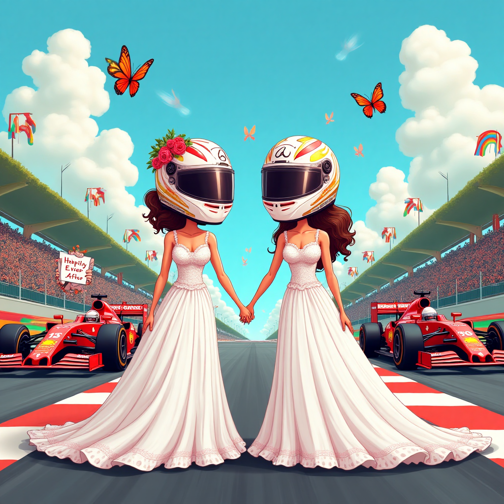 **Prompt for Image:**

In a vibrant cartoon world, two cheerful brides, their love radiating like sunlight, stand hand-in-hand at the starting line of a whimsical Formula 1 race track. They are adorned in playful, colorful wedding attire with hints of racing stripes and checkered patterns, a nod to their mutual love for speed. Each bride wears a bespoke racing helmet decorated with flowers and hearts, adding a delightful twist to their wedding day ensemble.

In the background, cartoon versions of Lewis Hamilton and George Russell are animatedly cheering, holding up a "Happily Ever After" pit board, with their signature F1 cars parked behind them. The track is lined with fluttering rainbow flags and roses, creating a scene that's both festive and romantic.

The sky is a brilliant, saturated blue, dotted with fluffy, oversized clouds shaped like heart symbols. Butterflies with wheels instead of wings zip around in a playful nod to the racing theme.

**Text Caption:**

"Love at Full Throttle!"
Generated with these themes: Lesbian, formula 1, George Russell, Lewis Hamilton , and .
Made with ❤️ by AI.