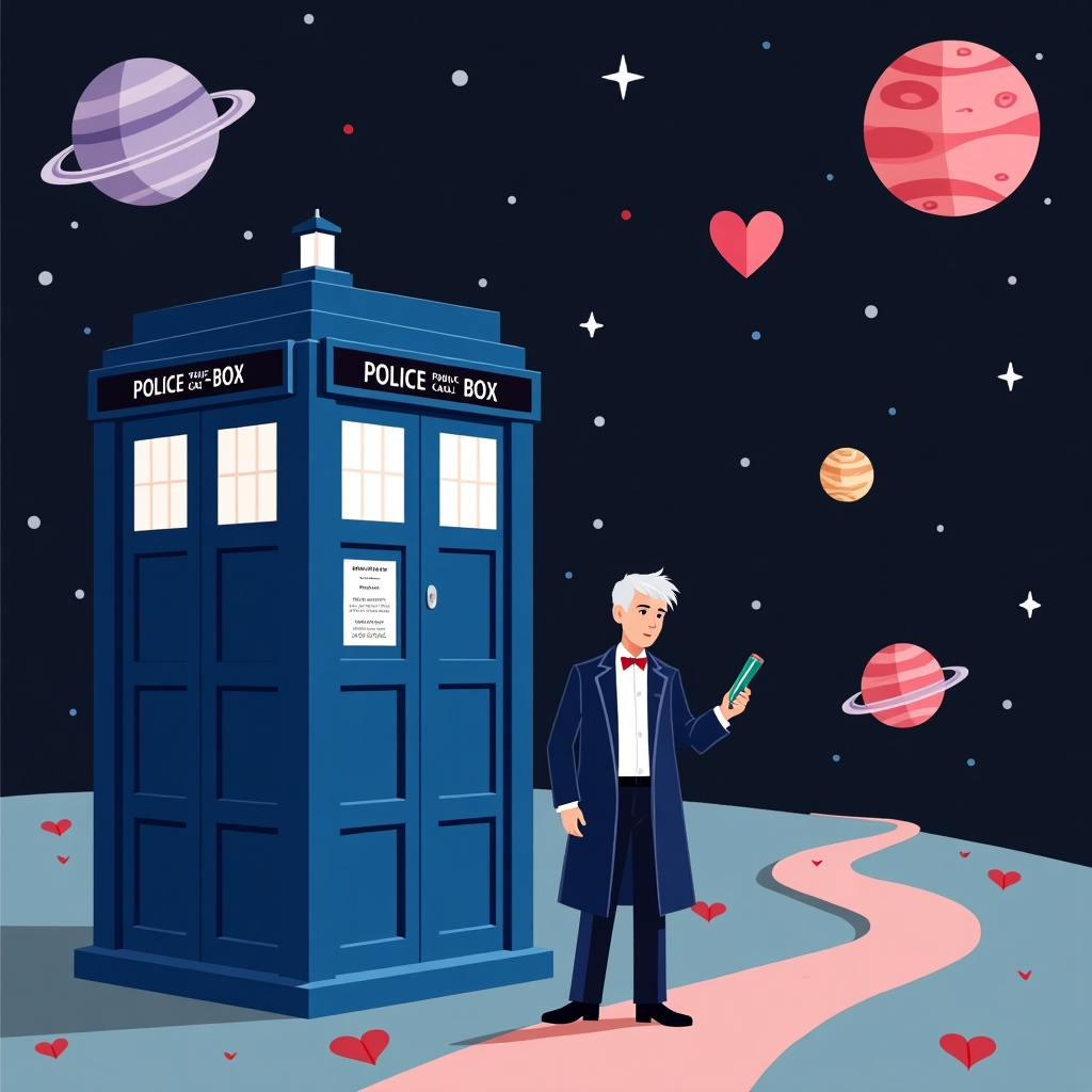 **Card Design Title: "Timey-Wimey Valentine"**

**Scene Description:**

1. **Main Elements:**
   - **TARDIS:** The iconic blue police box stands prominently on the left side of the card. Its deep royal blue color is vibrant and eye-catching, with clean, sharp lines defining its structure. The "Police Public Call Box" sign is in bold white typography. The windows are illustrated as simple white rectangles with a slight gray gradient to suggest glass. The TARDIS light on top is a soft glowing white, emitting small, geometric vector lines indicating a gentle illumination.

2. **12th Doctor:**
   - Positioned just outside the TARDIS, the 12th Doctor is portrayed in a clean vector style. His hair is a crisp white, cut into sharp, angular shapes that highlight his distinctive look. He wears a dark navy coat, almost blending with the TARDIS but distinguished by a light gray lining visible around the edges. Underneath, a stark white shirt with a simple red bowtie is visible. His pose is dynamic yet simple, one hand slightly outstretched, holding a small, stylized sonic screwdriver illustrated with sleek silver and green lines.

3. **Background:**
   - The background features a simple, flat space scene, drawing inspiration from retro-futuristic art. A deep black backdrop is peppered with tiny white stars, rendered as small, perfectly round dots.
   - Large, geometric planets in shades of lavender, soft pink, and muted gold float across the sky, each with distinct, flat rings or circular patterns suggesting distant cosmic landscapes.
   - In the top-right corner, a large, bright pink heart-shaped planet with craters and surface details subtly shaded in contrasting hues sits, providing a whimsical, thematic element.

4. **Additional Elements:**
   - Beneath the TARDIS and Doctor, a path of simple, heart-shaped footprints in a gradient of red to pink leads away from the TARDIS, suggesting a journey through time and space.
   - Scattered around the base of the scene, abstract vector shapes resembling stylized constellations and swooping comet trails add dynamic movement to the composition, using white and soft yellow lines.

5. **Color Palette:**
   - The primary color palette consists of royal blue, white, black, and pinks, with accents of gold, lavender, and red. This keeps the design cohesive yet vibrant, making sure all elements stand out against the starry backdrop.

By focusing on clean, flat shapes and bold, contrasting colors, this card combines the iconic elements of Doctor Who with a playful Valentine's Day theme, offering a nod to the classic series in a contemporary, artistic style.
Generated with these themes: TARDIS with the 12th doctor standing outside.
Made with ❤️ by AI.