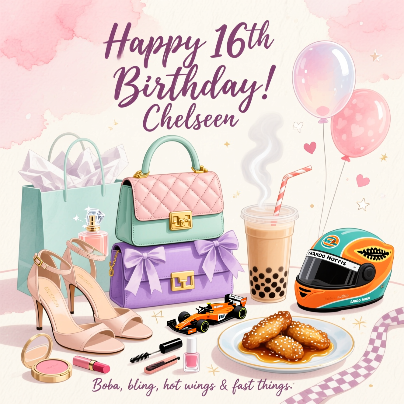 Designer handbags , Shies, Shopping, Cosmetics, Perfume, Bubble tea, Chicken wings, Lando norris, Sweet sixteen birthday, and Birthday Card