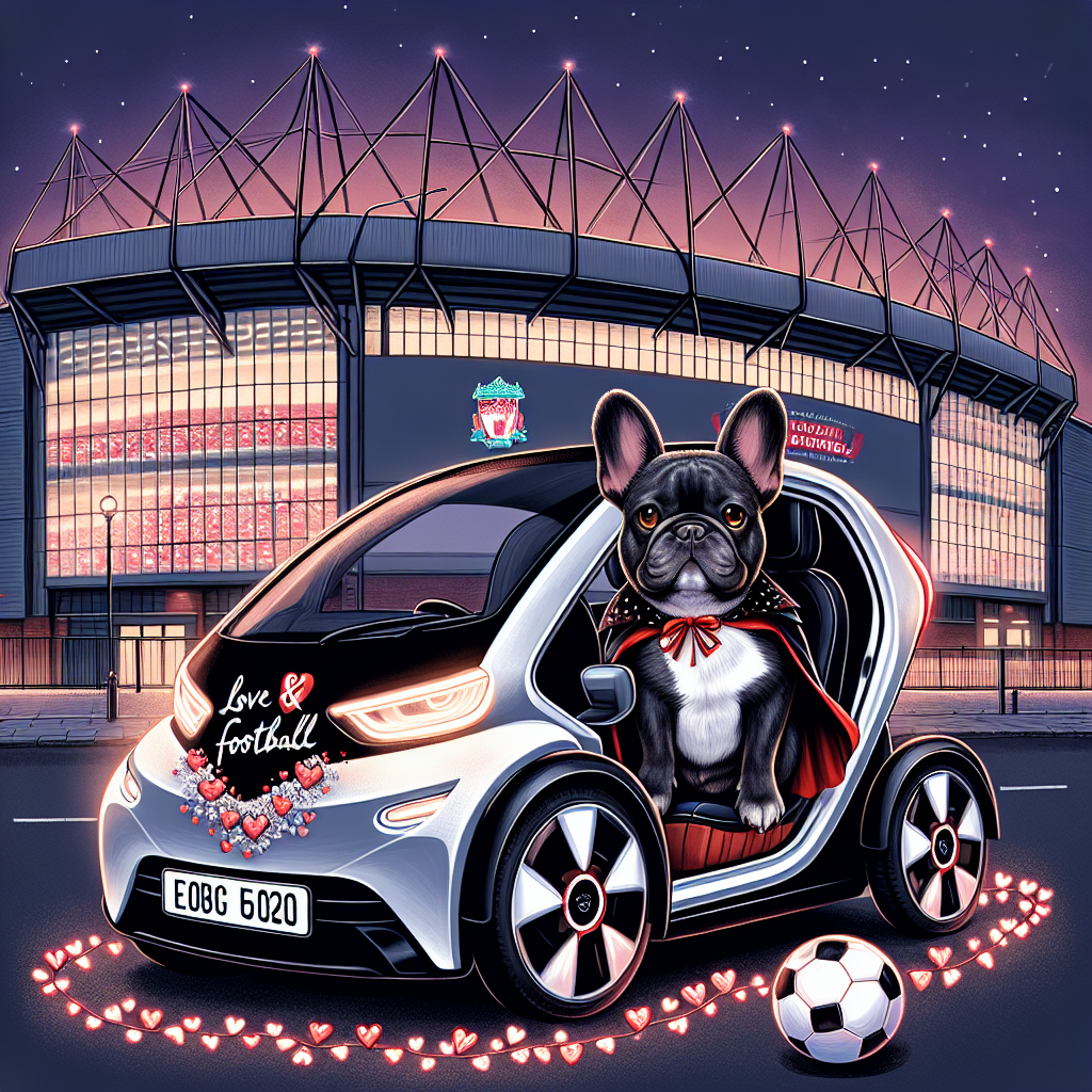 Black and tan French bulldog, Polestar 2 car, Liverpool, Football, and Horror films Valentines-day Card