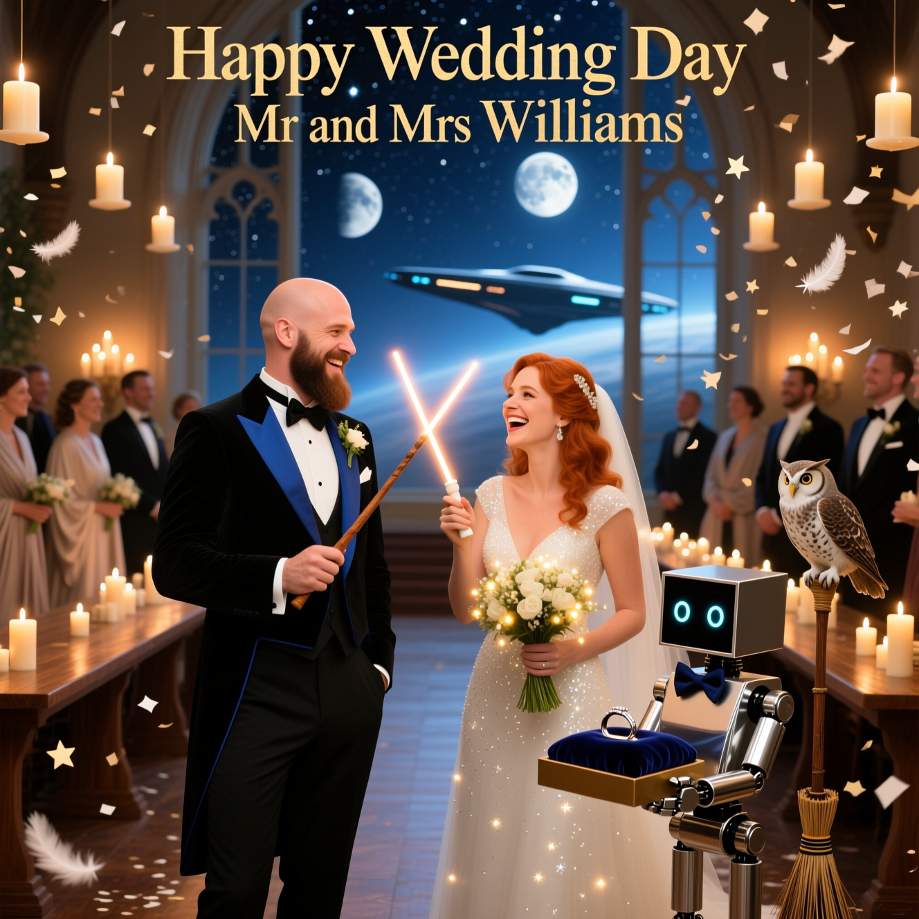 At the top of the Photorealistic picture taken from a camera image, "Happy Wedding Day Mr and Mrs Williams"

Ultra-high-definition 4K UHD photograph, realistic lens effects, lifelike textures, rich depth of field. A joyful, funny wedding scene that blends whimsical wizard-school charm with sleek space‑opera vibes (no specific copyrighted characters or logos). Center frame: a laughing couple at the aisle—bald, bearded groom in a sharp black tux with a subtle midnight-blue lining and a slim wand tucked in his breast pocket; ginger‑haired bride in a luminous white gown dusted with tiny sparkles, bouquet twinkling with little floating lights. They playfully “toast” by gently crossing a classic wooden wand and a softly glowing neon wedding baton, forming a bright X above their rings. The setting is an elegant candlelit hall: rows of floating candles overhead, long wooden tables blurred in the background, and a dramatic panoramic window revealing a starry sky with two distant moons and the faint silhouette of abstract, non-specific starships. A knee‑high, boxy chrome ring‑bearer robot with a bow tie presents a velvet cushion of rings; an owl perches on a polished broom leaning near the couple, confetti of tiny paper stars and feathers drifting midair. Guests in mixed formalwear—some in flowing robes, others in chic futuristic suits—are softly out of focus for depth. Lighting: warm amber candlelight rim‑lighting the couple, balanced with cool indigo starlight from the window; natural filmic color grade, ultra‑realistic skin textures, 50mm lens, f/2 shallow DOF, slight bokeh hearts from a projector. Add small in‑scene text on a tiny banner hanging from the robot’s tray: “Equal parts magic + hyperdrive.” Clean, elegant gold serif headline text at the top (as specified), no other visible text.
Generated with these themes: Harry potter, star wars, bald groom with beard, ginger haired bride, and .
Made with ❤️ by AI.
