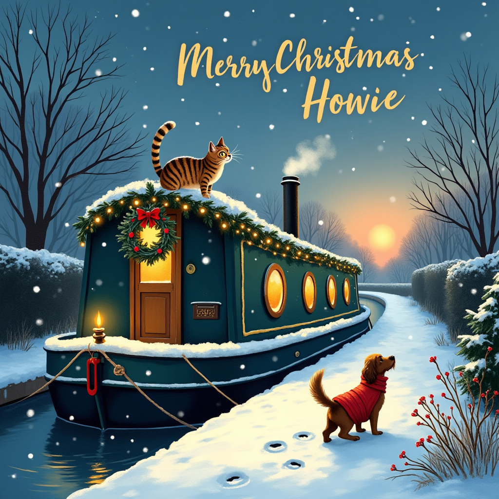 Narrowboat, tabby cat,  spaniel, snow , and Christmas Card