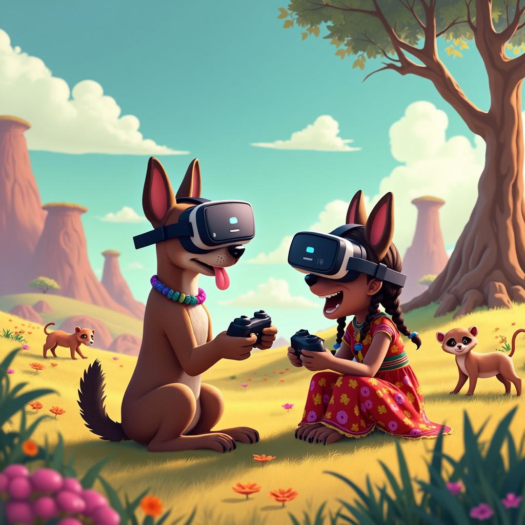 In a vibrant and whimsical scene, a lively Belgian Malinois named Max, adorned with a VR headset, enthusiastically taps away on a game controller. His rich shades of brown and black fur mirror his high-energy personality, and his tongue lolls out in excitement. Beside him sits a young South African girl named Lulu, whose braided hair, detailed with colorful beads, bounces with her movements. Dressed in a traditional, vibrant dress with intricate patterns, Lulu is also immersed in the gaming experience, sporting a similar VR headset and holding her own controller.

The backdrop is a fantastical blend of the South African savannah and a whimsical candyland, where rolling plains are accented by baobab trees twisted into candy cane shapes. The grass is a kaleidoscope of greens and pastels, with lollipop flowers sprouting sporadically. Dominating the middle distance is a towering birthday cake mountain, multi-tiered and drizzled with colorful icing, beneath a cheerful banner made of licorice ropes that reads "Happy Birthday" in big, playful letters. 

Scattered across this vibrant scene are various delightful creatures from a video game universe, including pixelated zebras, candy-colored lions, and gummy bear meerkats, joyfully leaping over streams of liquid chocolate and climbing rock candy cliffs. Above, a giant sun made of a glowing, golden chocolate coin casts a warm, inviting light, and fluffy white clouds shaped like floating marshmallows peek in, some sporting tiny cartoon faces, adding an extra layer of whimsy.

In the foreground, gaming items like pixelated power-ups, floating health hearts, and magical potions in candy-colored bottles dot the ground. In the bottom right corner, a small open gift box spills out a cascade of sweets, gaming gear, and colorful confetti, hinting at the ongoing birthday celebration.

Generated with these themes: Gaming, Belgian Malinois, South Africa, and Sweets.  
Made with ❤️ by AI.