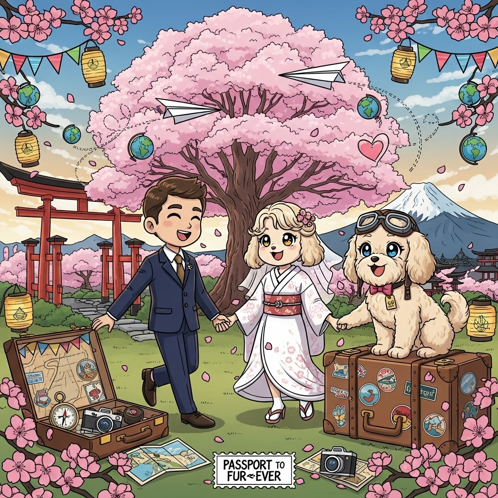 Romantic anime-cartoon scene with playful, slightly chibi proportions, thick inked outlines, and bright saturated colors: In a serene Japanese garden beneath a sweeping cherry blossom tree in full bloom, a red torii gate and a distant Mount Fuji frame the background. Center stage, a joyful bride and groom spin and laugh, holding hands—bride in a kimono-inspired white wedding gown with subtle sakura embroidery, groom in a sharp navy suit with a slim tie; oversized sparkling eyes, whimsical poses, petals swirling around them. A cream cockapoo with fluffy curls and big twinkly eyes sits proudly atop a vintage suitcase covered in travel stickers (Tokyo, Paris, Venice), wearing a tiny bow tie and mini aviator goggles with a passport tag on its collar. Paper airplanes swoop overhead leaving heart-shaped contrails; a compass, camera, and folded map peek from open luggage; lanterns and tiny globes hang like bunting. Golden-hour glow with soft rim light, clean cel-shading, vibrant pinks, sky blues, warm golds, deep navy, and creamy neutrals; foreground cherry branches frame the scene for depth. Include a small, hand-lettered passport-stamp style caption near the bottom: “Passport to Fur‑ever”.
Generated with these themes: Travel, japan, cockapoo dog, anime, and .
Made with ❤️ by AI.