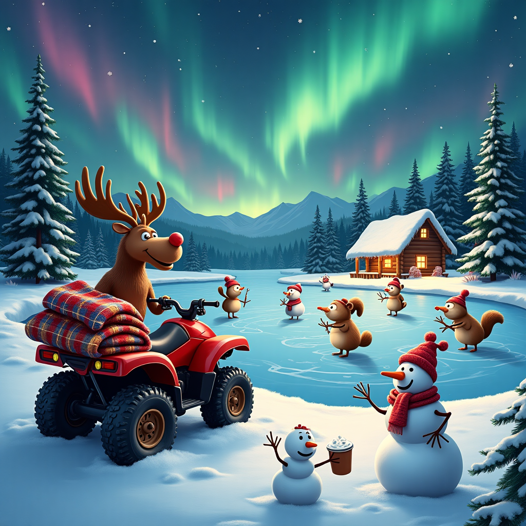 Cold winter christmas on a lake with a hockey rink a quad and a warm fuzzy blanket Christmas Card