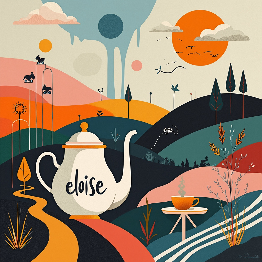 In this greeting card scene, imagine a whimsical, abstract landscape brimming with playful yet solemn motifs to celebrate the arrival of a new baby. In the foreground, a fantastical teapot, inspired by the curves and vivid colors of Joan Miró, sits atop a delicate balance of Piet Mondrian-style geometric shapes. The teapot's spout gracefully pours a stream of liquid, which morphs into a winding road. This road, composed of Jackson Pollock-esque drips and splatters, leads to a tiny, intricately detailed motorbike inspired by Cy Twombly's chaotic yet controlled line work.

Above, a sky of soft, blending hues reminiscent of Mark Rothko's color fields serves as the backdrop for clouds. Within these clouds, the name "Rayan Haboob" is subtly integrated using thin, elegant lines, much like Agnes Martin's gentle grids. This sky also features abstract sound waves, represented by swirling, rhythmic lines, symbolizing podcasts. These sound waves gently cradle the name "Eloise" written in a playful, yet refined script, embodying the spirit of new beginnings.

To the side, a tea set rests on a table that seems to float, constructed of intersecting lines and planes à la Kazimir Malevich, further enriching the abstract narrative. Tiny, delicate motorbike illustrations, echoing the energy of de Kooning's dynamic strokes, buzz around the scene, symbolizing adventure and the vibrant potential of new life.

In the background, a series of Gerhard Richter-inspired, softly blurred vertical streaks create depth, suggesting a dreamy, infinite horizon. These streaks subtly shift in color, from warm to cool, guiding the viewer's eyes across the scene and encapsulating the interconnected themes of tea, Eloise, motorbikes, and podcasts in a cohesive, solemnly celebratory artwork.
Generated with these themes: tea, eloise, motorbikes, podcasts.
Made with ❤️ by AI.