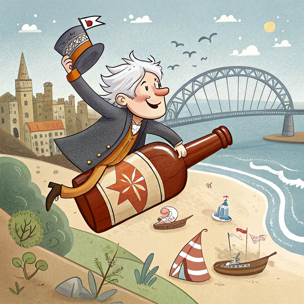 At the top of the image, "Arthur, 80 years young and still pouring smoother than a single malt by St. Mary’s Lighthouse!"

– Illustrate a playful, cartoon-style scene set across the iconic landmarks of North Shields, Whitley Bay, and Tynemouth, stitched together like a seaside pub crawl map.  
– Arthur, a sprightly cartoon character with wild silver hair, is riding a giant bottle of single malt whisky like a bucking bronco, with a party hat flapping in the wind.  
– The Tyne Bridge looms majestically in the background with bunting and a birthday banner trailing across it.  
– St. Mary’s Lighthouse is humorously shooting out sparkles and confetti like a party cannon.  
– At Spanish City, tiny animated pints of beer are breakdancing.  
– Ghosts from Tynemouth Abbey (friendly and goofy-looking) are cheering and holding up “80 Cheers for Arthur!” signs.  
– Scattered beer kegs double as trampolines and whisky barrels as picnic seats, with Arthur's name stamped boldly on them.

The entire vibe is seaside mischief meets legendary local pub legend.
Generated with these themes: North Shields, Whitley Bay, Tynemouth, 80, Single Malt Whisky, Tyne Bridge, St. Mary's Lighthouse, Tynemouth Abbey, Spanish City, and Beer.
Made with ❤️ by AI.