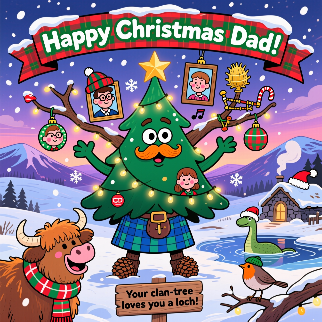 At the top of the Cartoon Style image, "Happy Christmas Dad!" on a bold red tartan ribbon banner with snowy edges and chunky white lettering outlined in green.

A bright, funny cartoon scene in the snowy Scottish Highlands at dusk: a gigantic, anthropomorphic Christmas “family tree” stands proudly center stage, wearing a blue-green tartan kilt and tiny sporran, with googly eyes, a friendly ginger moustache, and pinecone knees. The tree strikes an energetic, open-branch pose as if introducing the clan. From its branches dangle framed, cartoon family-portrait baubles—cheery faces with rosy cheeks, tartan tam o’ shanter hats, glasses, and daft expressions—arranged like a branching family tree. Twinkly fairy lights loop through the branches like bagpipes, and the tree “plays” them with puffed cheeks and musical-note snowflakes drifting out. The star topper is a golden thistle.

Foreground fun: a fuzzy Highland cow in a candy-cane scarf grins up at the tree; a robin in a tiny tam perches on a branch; Nessie peeks from a wee frozen loch in the background wearing a Santa hat. A cozy stone bothy with smoke curls sits among rolling white hills and purple-blue Munros. Snow swirls, baubles gleam, and everything has thick black outlines, exaggerated proportions, and bright, saturated reds, greens, and tartan blues. Warm fairy-light glow, glossy highlights, and playful, whimsical energy throughout.

At the bottom of the image, add a small wooden sign caption: "Your clan-tree loves you a loch!" in chunky, cheerful lettering.
Generated with these themes: Family Tree, Scotland, and .
Made with ❤️ by AI.