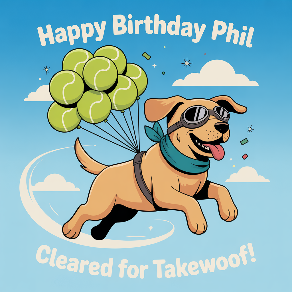 At the top of the Vector Style image, "Happy Birthday Phil"

At the bottom of the image, "Cleared for takewoof!"

Scene:
- Clean flat-vector art with crisp lines, solid color blocks, minimal gradients, and modern graphic design precision. Portrait layout.
- Centerpiece: a joyful Golden Labrador mid-flight, wearing shiny aviator goggles and a teal scarf, ears flapping, tongue out, tail wagging.
- The Lab is lifted by a cluster of tennis-ball balloons (bright lime-green with simple white curved stripes), strings gathered to a cute harness.
- Background: clear sky-blue backdrop with fluffy white clouds, a soft curved flight-trail ribbon looping behind for dynamism. Sprinkle a few confetti bits and tiny star sparkles around the dog for a birthday vibe.
- Color palette: golden-fawn for the Lab, charcoal for facial features, teal scarf, lime tennis-ball balloons, sky blues and white clouds with very subtle flat shadow shapes (no heavy gradients).
- Linework: consistent rounded strokes, smooth geometric shapes, ample white space around the headline and punch-line for readability.
- Typography: big, bold, rounded sans-serif for the headline; playful, slightly smaller rounded sans-serif for the punch-line. High-contrast colors (e.g., headline in sunshine gold or deep navy) to pop against the sky.
Generated with these themes: Flying, Golden Labrador, and .
Made with ❤️ by AI.