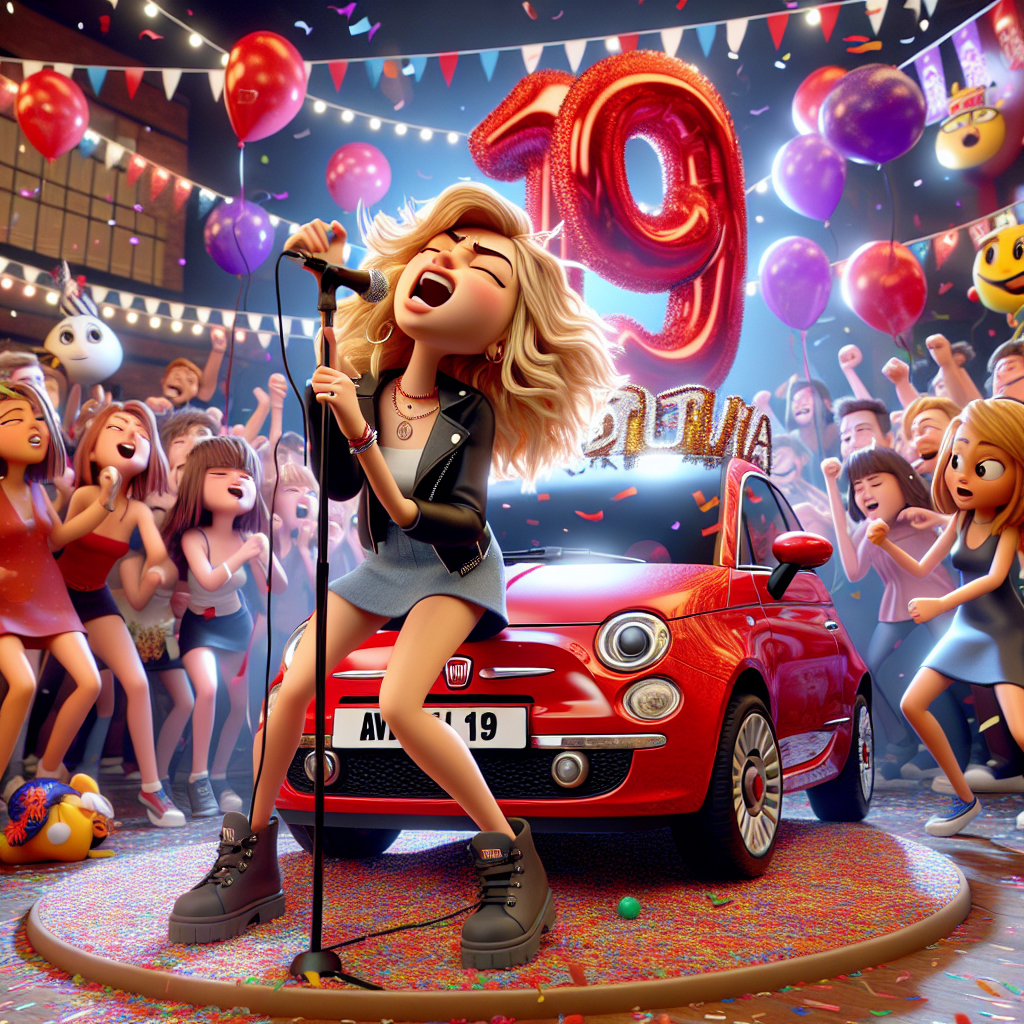 In the midst of a festive environment filled with confetti and balloons, there's a lively cartoon-style birthday scene. At its heart is a blonde 19-year-old girl channeling her inner singer, passionately performing on a stage made up of animated musical notes. Nearby, a red, character-loaded Fiat 500 with a custom 'AVA 19' license plate seems to sway in rhythm with the music. The surrounding crowd, an entertaining mix of university mascots and party-themed caricatures, contributes to the playful frenzy, marking AVA's 19th birthday with animated dances.
Generated with these themes: Blonde 19 year old girl singing in a musical on stage, Red Fiat 500 with AVA 19 number plate, Dancing, University, and 19th birthday.
Made with ❤️ by AI.