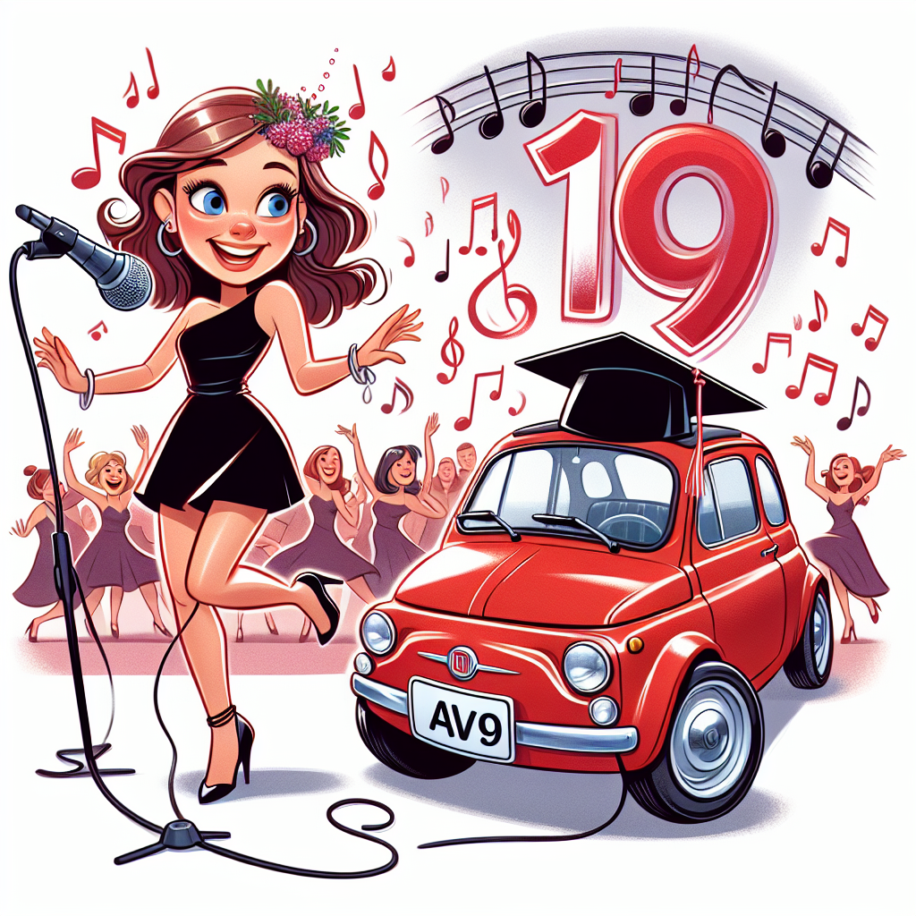 Blonde 19 year old girl singing in a musical on stage, Red Fiat 500 with AVA 19 number plate, Dancing, University, and 19th birthday Birthday Card