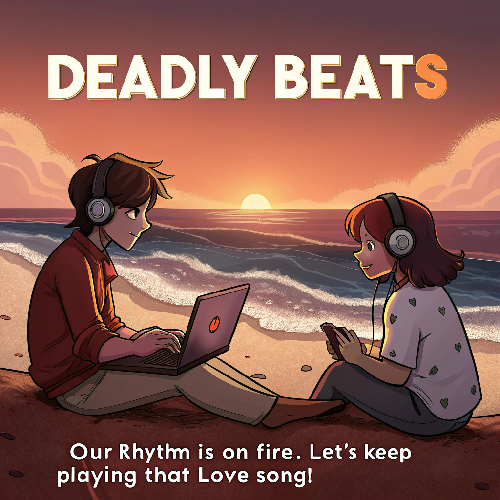 At the top of the image, "Deadly Beats"

At the bottom of the image, "Our rhythm is on fire; let's keep playing that love song!"

- In the center of the image, depict two characters sitting on a sandy beach at sunset. They're using a laptop and headphones, sharing the screen while working on a music production software. Waves crash gently in the background, and the characters' eyes meet, symbolizing a shared vision and budding romantic connection. Solid, bold colors with minimal gradients capture the scene in clean flat-vector style, enhancing the romantic, collaborative atmosphere.
Generated with these themes: Music production , The beach, Networking , Making money, Building potential romantic connection , Sharing the same goals, and .
Made with ❤️ by AI.
