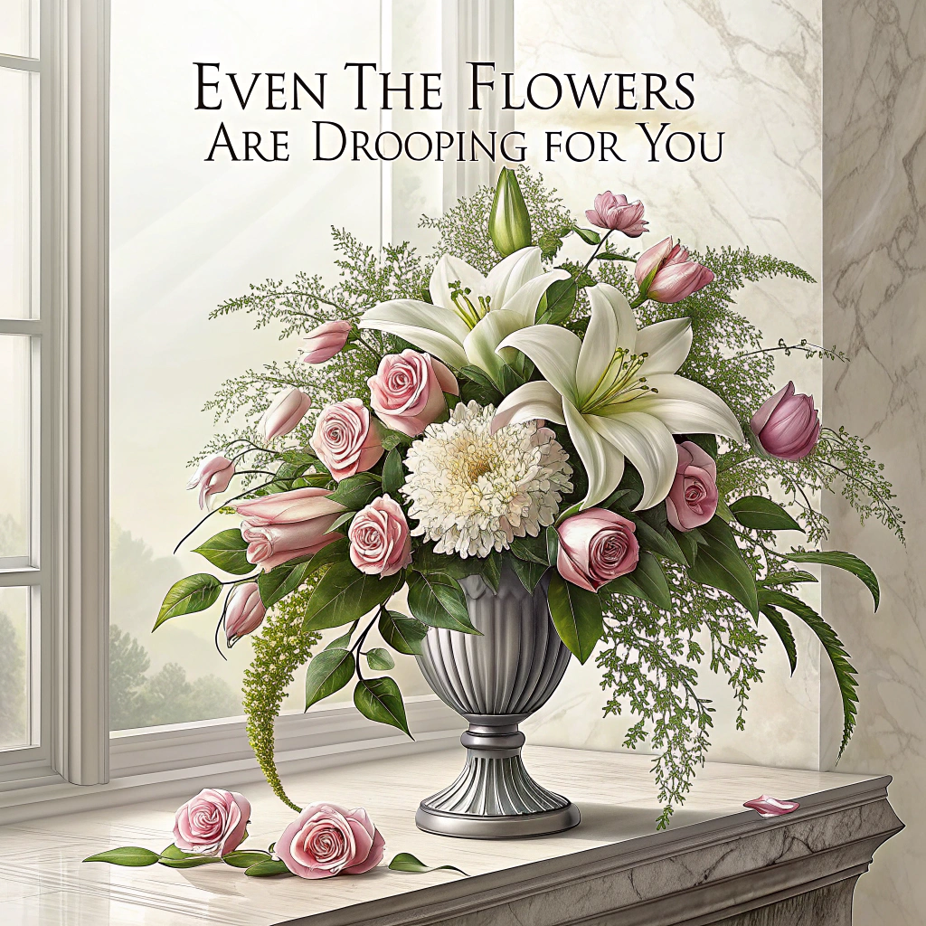 At the top of the image, "Even the flowers are drooping for you."

- In the center of the image, display a highly realistic photograph of an elegant bouquet of lavish white lilies, delicate pink roses, and cascading greenery—except, with a humorous twist: one dramatic, oversized daisy in the middle has flopped entirely over, petals sagging comically as if fainting from the sheer sadness of it all.

- The bouquet is arranged in an opulent antique silver vase placed on a marble windowsill with soft natural light illuminating it, evoking classic sympathy florals—only with the unexpected daisy giving it an ironic, sympathetic flair.

- Add at the bottom of the image: “Hang in there... even glamorous flowers have off days.”
Generated with these themes: Elegant sympathy floral design.
Made with ❤️ by AI.