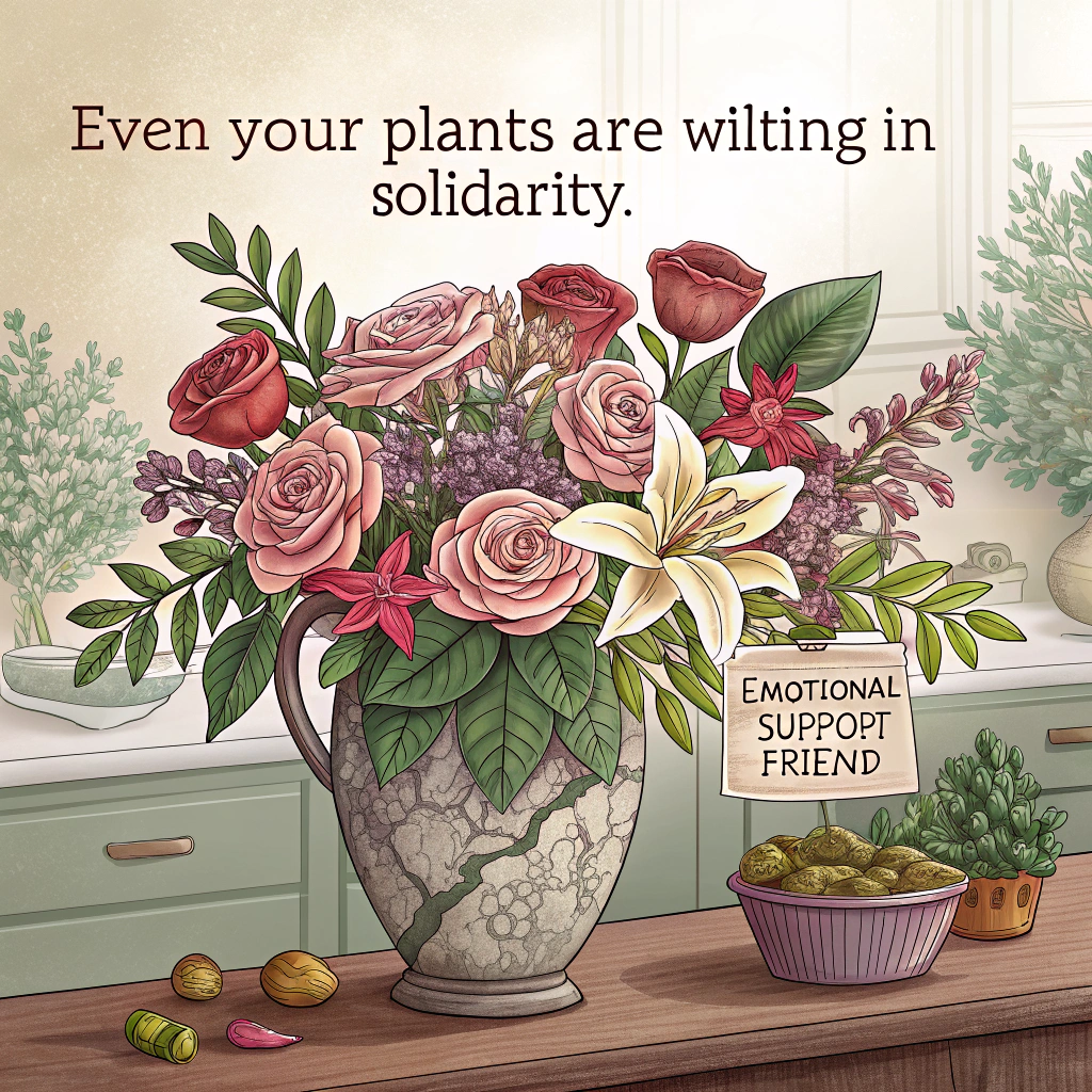 At the top of the image, "Even your plants are wilting in solidarity."

- The image is a realistic photograph of an opulent bouquet of elegant sympathy flowers — roses, lilies, and orchids — dramatically arranged in a vintage vase on a kitchen counter.
- Among the lush blooms, one noticeably wilted houseplant (perhaps a peace lily or a pothos) sits in a sad, cracked pot beside the bouquet, looking dramatically droopy.
- A tiny hand-lettered tag tied to the houseplant reads: “Emotional Support Fern.”  
- The lighting is soft and moody, like an old painting, but the plant’s melodrama adds the subtle, quirky humor.
Generated with these themes: Elegant sympathy floral design.
Made with ❤️ by AI.