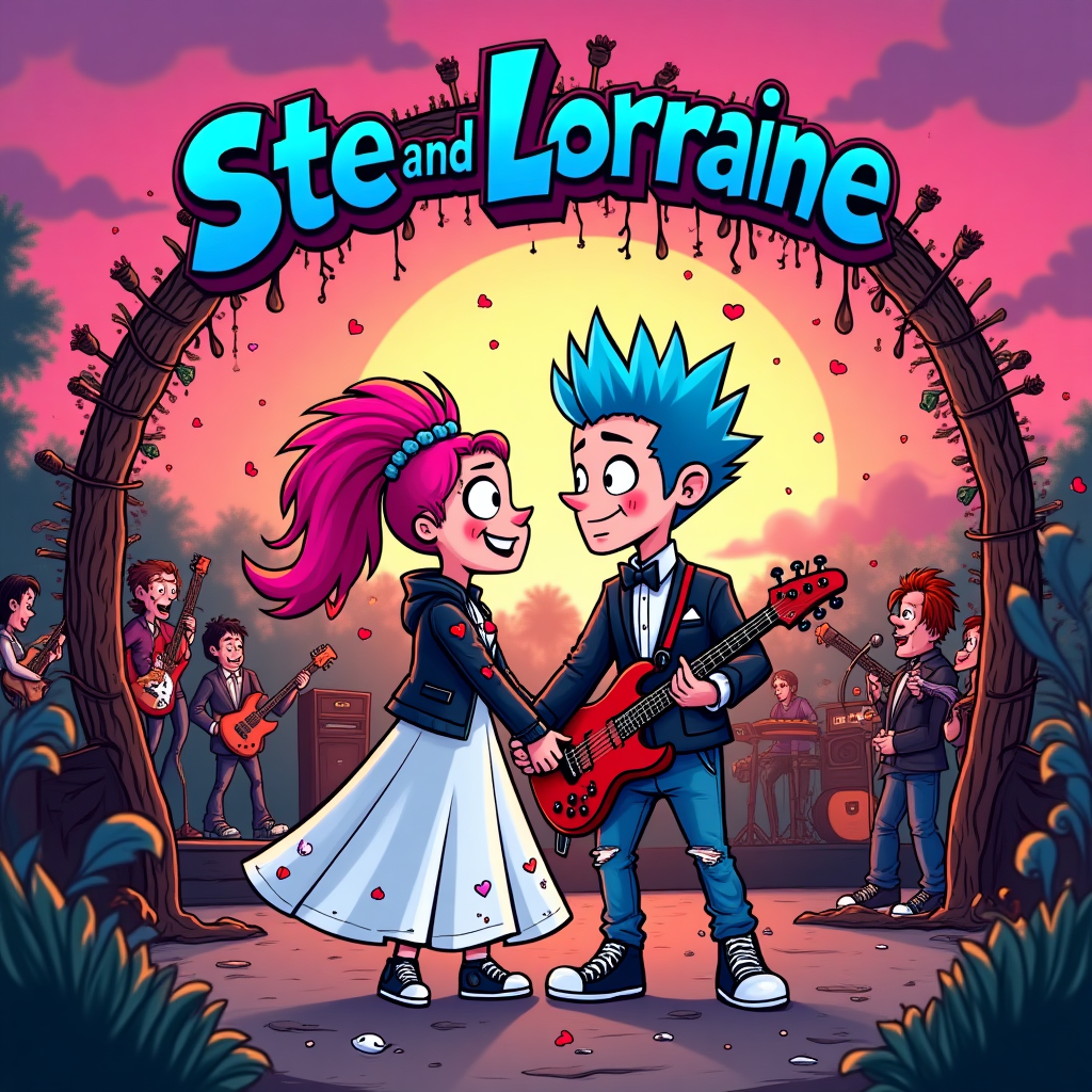 At the top of the Cartoon Style image, write “Ste and Lorraine” in bold, graffiti-inspired bubble letters, with tiny hearts and music notes around it.  

A vibrant, playful cartoon scene of a romantic punk rock wedding: the bride, with bright pink hair in a wild mohawk, wearing a leather jacket over her white wedding dress covered in cute patches and studs; the groom, with electric blue spiky hair, in a tuxedo jacket with ripped jeans and Converse, holding a guitar instead of a bouquet. They stand hand in hand under an arch made of guitars, microphones, and strings of fairy lights, surrounded by their punk friends as the “wedding band” rocks out on stage behind them. Confetti rains down in the form of tiny skulls and hearts, and the background glows with saturated sunset pinks, purples, and neon blues. The mood is bursting with romance and rebellious joy, with exaggerated, whimsical cartoon expressions.  

Small caption at the bottom in playful handwritten font: “Two Hearts, One Loud Love.”  
Generated with these themes: Punk rock, and .
Made with ❤️ by AI.