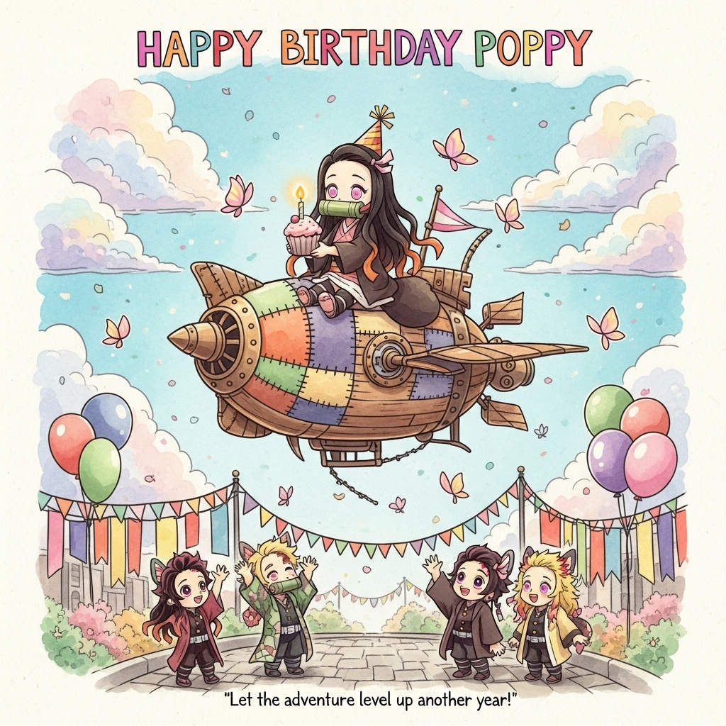 At the top of the Watercolor Style image, in playful hand-painted lettering, write: **Happy Birthday Poppy**.  

A soft and whimsical watercolor scene of Nezuko from *Demon Slayer* in an adorable chibi style, sitting atop a floating steampunk-inspired Arkane airship made of patchwork wood and brass, drifting through a sky of pastel clouds. She’s wearing a tiny party hat, holding a bright cupcake with a single lit candle, her bamboo muzzle replaced with a little pink ribbon. Around her, pastel butterflies and cherry blossoms swirl gently in the air, blending with the soft watercolor washes. Below, cute chibi versions of other Arkane-style characters wave up at her from a cobblestone street filled with colorful banners and balloons. The paper texture shows through in the sky, and pigment blooms give the clouds a dreamy look. At the bottom in smaller handwritten text: *"Let the adventure level up another year!"*
Generated with these themes: Arkane, demon slayer, Nezuko , and .
Made with ❤️ by AI.