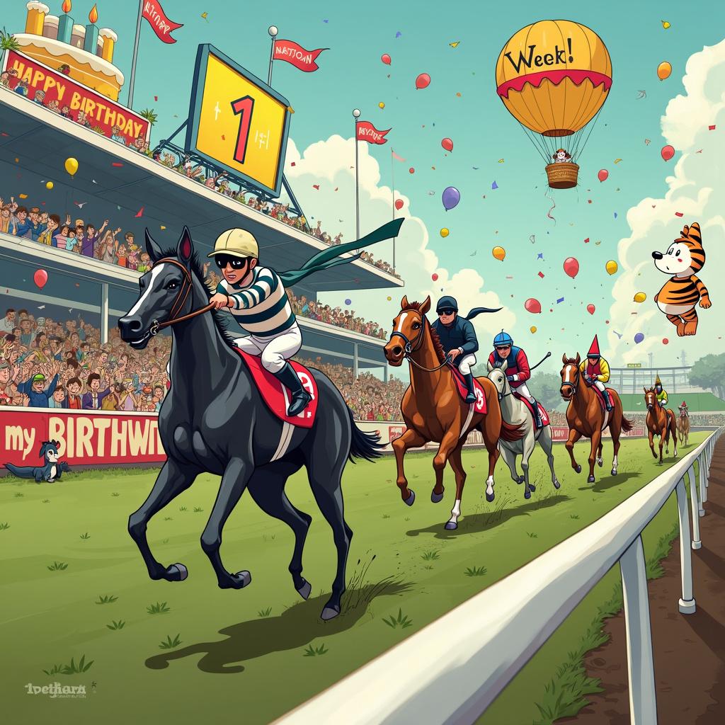 The scene is set in a bustling and whimsical birthday carnival, where an exhilarating horse race is taking place. In the foreground, we see a sleek black greyhound dressed in a playful jockey outfit, complete with tiny silks in the white and blue colors of the Tranmere Rovers. The greyhound, standing on its hind legs, is holding the reins of a lively cartoon horse with a mischievous grin, ready to dash off. The horse's saddle also bears the emblem of the Tranmere Rovers.

In the background, the grandstand is packed with cartoon spectators, each with exaggerated expressions of excitement and joy. Among the crowd, there’s a group of Tranmere Rovers fans waving flags and wearing their team's jerseys, easily identifiable by their blue and white stripes. The stadium itself has colorful banners and streamers flying in the wind, adding to the festive atmosphere.

On the race track, a few other cartoon horses with comically exaggerated features are racing alongside, each with riders in outlandish costumes – one dressed as a superhero, another as a pirate, and another in a classic jockey outfit. The track is dotted with whimsical elements like oversized birthday cakes, giant balloons, and confetti cannons going off, celebrating the birthday theme.

Above the track, a large, animated scoreboard shows the greyhound-horse duo in the lead, with the number 1 flashing brightly. In the sky, a hot air balloon shaped like a birthday cake with candles floats gently, with a banner trailing behind that reads “Happy Birthday!” in bold, colorful letters.

All around, cartoon animals and characters inspired by the styles of Schulz, Disney, Tezuka, and Watterson add to the scene – a Snoopy-like dog in the stands, a Mickey Mouse-inspired character selling popcorn, an Astro Boy figure waving from the hot air balloon, and a Calvin and Hobbes-style tiger cheering enthusiastically.

The scene is rich with detail and humor, combining the excitement of horse racing, the loyal fandom of Tranmere Rovers, and the whimsical charm of a birthday celebration, making for a unique and entertaining birthday card front cover.
Generated with these themes: Black greyhound, Tranmere rovers, and Horse racing.
Made with ❤️ by AI.