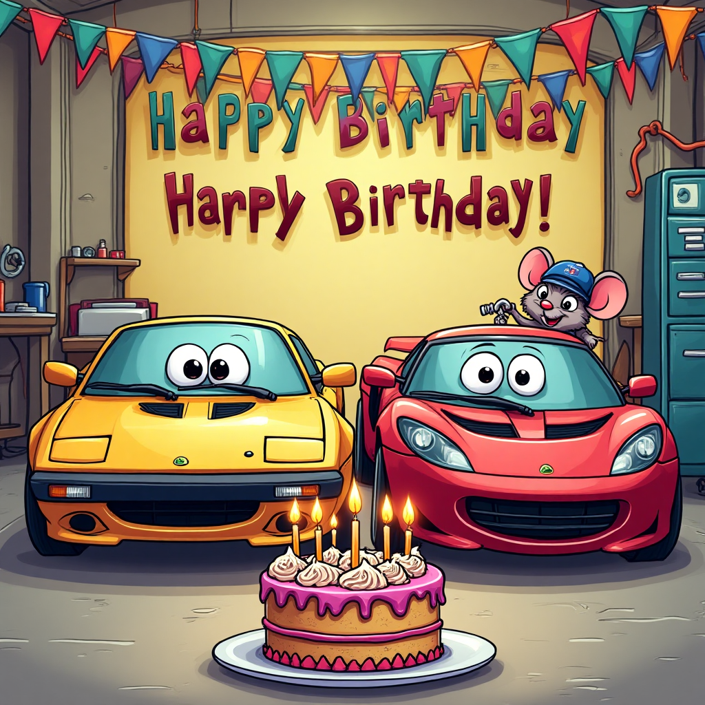 At the top of the Cartoon Style image, write "To a Wonderful Brother on his Birthday".

Imagine a vibrant and bustling cartoon-style garage scene, where a playful and exaggerated Lotus Esprit and Evora are parked side by side. The cars have oversized, friendly cartoon eyes on their windshields, giving them a cheerful and lively appearance. Above them, colorful bunting spells out "Happy Birthday Keith" in bold, festive letters, adding to the celebratory atmosphere.

In the foreground, a cartoon-style birthday cake with exaggerated, wobbly layers and comically large candles sits on a workbench, ready for the party. The cake is decorated with playful car motifs, like tiny wheels and headlights, making it a perfect fit for the garage setting. 

A cheeky little mouse wearing a mechanic's hat peeks out from behind the cake, holding a tiny wrench and winking at the viewer, adding a whimsical touch to the scene. The garage is filled with bright, saturated colors and thick outlines, ensuring the scene is as playful and joyful as the occasion itself.
Generated with these themes: Lotus Esprit and Evora in garage with bunting saying Happy Birthday Keith and a birthday cakecake, and .
Made with ❤️ by AI.