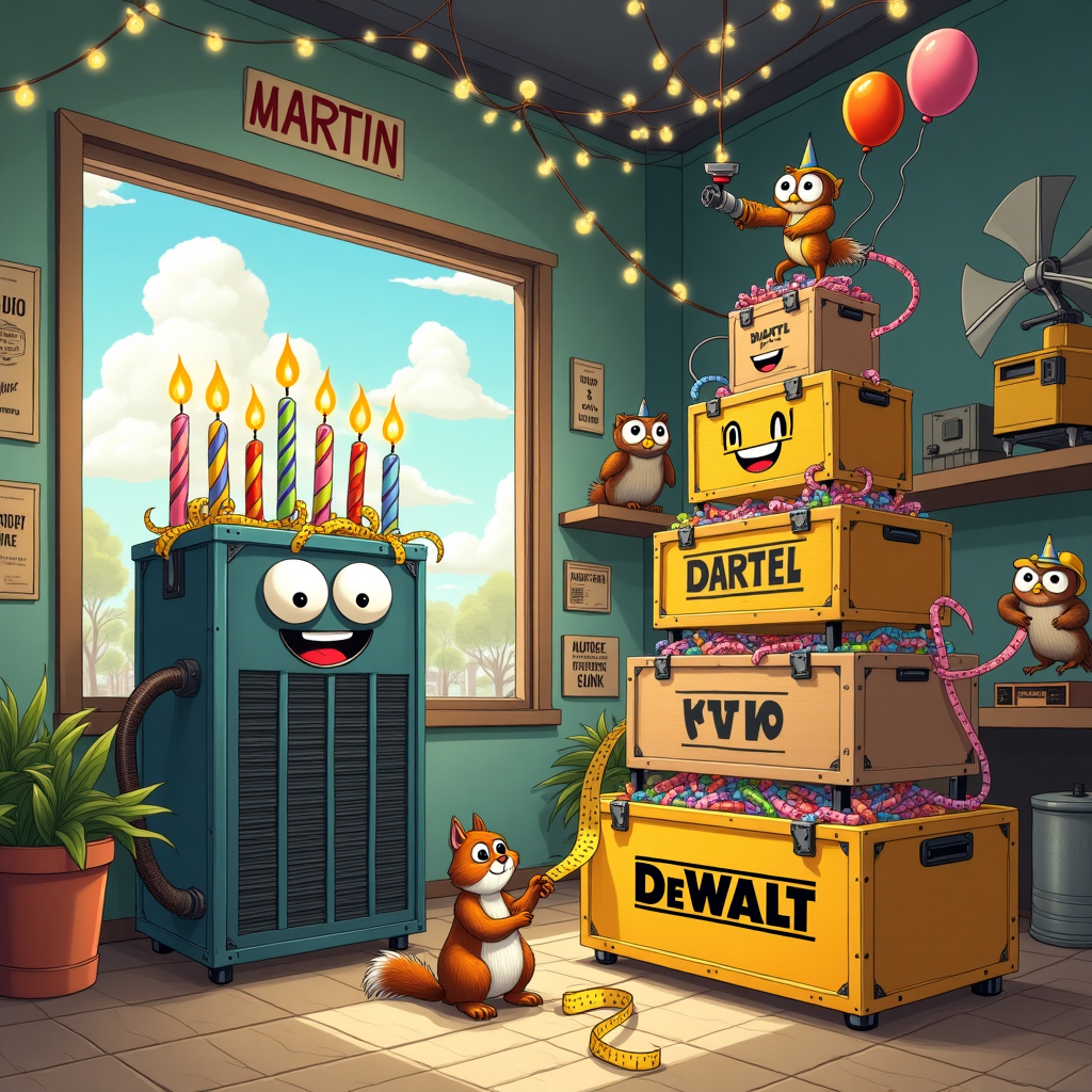 The illustration is set in a whimsical workshop, a birthday-themed blend of chaos and charm, inspired by the lively storytelling of Quentin Blake and the intricate detail of Norman Rockwell. In the center, a robust yet humorous HVAC unit, sporting a cheerful, cartoonish face with big googly eyes and a wide grin, stands proudly. Its vents are creatively arranged to blow colorful streamers and balloons into the air, filling the space with festivity. To its right, a stack of Dewalt toolboxes is creatively piled up like a birthday cake, each tier adorned with different types of hand tools sticking out like whimsical candles. At the top, a power drill is attached with a sparking candle wick, ready to light up with a twist of the drill's trigger.

In the foreground, a cheeky squirrel wearing a tiny tool belt filled with miniature Dewalt tools, is reaching into one of the open toolboxes, pulling out a bright yellow measuring tape that playfully spells out "Happy Birthday Martin!" across the scene. The squirrel’s eyes are wide with curiosity as it balances on the edge of the toolbox, its bushy tail curling into a question mark shape.

In the background, the workshop walls are covered in posters that parody famous works of HVAC equipment, featuring punny titles like "The Heat Whisperer" and "Vent Master." On a nearby shelf, a pair of owls wearing tiny construction helmets observes the scene with amused expressions, each holding a tiny blueprint for a "Birthday Celebration Machine."

Above, the ceiling is strung with strings of glowing LED lights, and in the far corner, an old-fashioned ceiling fan spins lazily, its blades attached with colorful, swirling ribbons that seem to dance in the air. Floating in the sky through a window, the clouds have whimsically gathered to form the letters of Martin's name, highlighted by a golden sunbeam, creating a celestial birthday banner. The scene is bustling with detail, each element adding to the story of a joyous, inventive birthday celebration.
Generated with these themes: Hvac, Dewalt, and .
Made with ❤️ by AI.