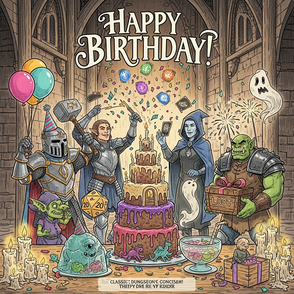 At the top of the Illustration Style image, Happy Birthday!

Hand-drawn illustration with fine linework and textured brush strokes, balanced composition, warm expressive color palette. Scene: a cozy great hall glowing with candlelight and confetti, centered on a towering, multi-tier fantasy cake shaped like a wizard’s tower. Around it, four cheeky adventuring vibes collide:
- A thunder-wreathed hammer paladin in ornate gold armor (party hat slightly askew) arcs a tiny bolt to light the candles, grinning.
- A planeswalker-style mage swirls five-colored mana orbs that pop into confetti while a flurry of spell-cards flutter like streamers.
- A burly green orc with comically oversized shoulder pauldrons proudly presents a gift chest labeled “Loot,” while a goblin tinker launches harmless sparkler-fireworks overhead.
- Classic dungeon hijinks: a d20 balloon bobbing, a baby beholder wearing a cone hat, a gelatinous cube as a punch bowl with fruit suspended inside, and a wooden gift box that’s secretly a mimic sneaking a lick of frosting.
The cake drips jewel-toned icing; tiny dragons/whelps nibble crumbs; spectral party streamers waft from a ghostly reveler. Warm honey-gold highlights, magenta and teal accents, soft paper grain, expressive faces, playful proportions. Hand-letter the headline in whimsical fantasy script with a soft golden glow.

At the bottom, add a small, cheeky caption: May your loot be legendary and your cake roll a nat 20!
Generated with these themes: Warhammer Age of Sigmar, Magic the Gathering, World of Warcraft, Dungeons & Dragons, and .
Made with ❤️ by AI.