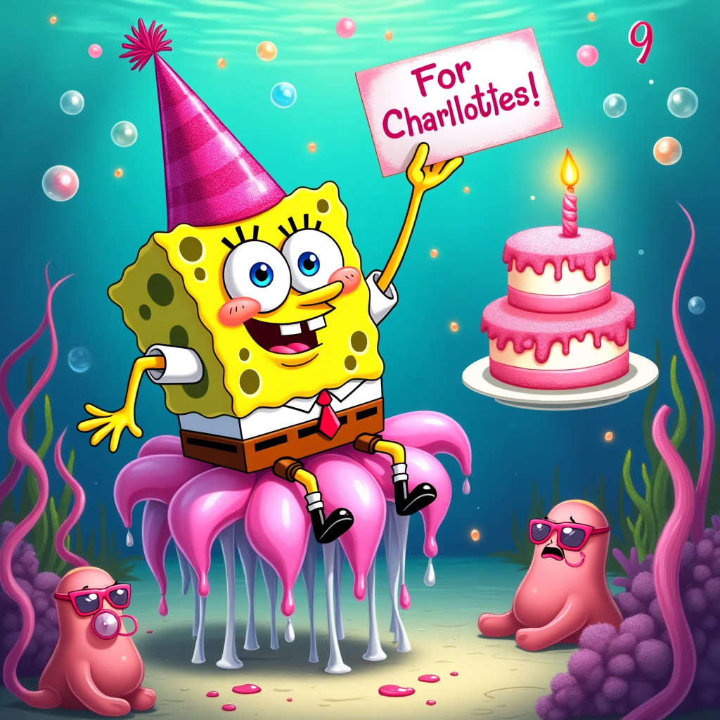 Spongebob, Pink, and 9 Birthday Card