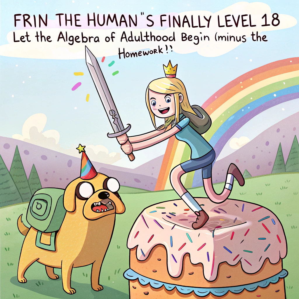 At the top of the image, "Erin the Human’s finally Level 18 — let the algebra of adulthood begin (minus the homework)!"

– Depict a playful Adventure Time-inspired scene where Erin is reimagined as a cartoon heroine with a trusty sword made entirely of glittery birthday candles, wearing a party crown, riding on the back of a giant grinning rainbow cake creature (think Jake the Dog in cake form).  

– Floating nearby is a cartoon-style "18" balloon wearing sunglasses and looking smug.  
– In the background, the Land of Ooo is decorated with confetti cannons going off and funky streamers tangled in Lumpy Space Princess's hair as she shouts, “Whateverrr, I invented being 18!”  
– BMO is DJ-ing on a floating cupcake while Finn and Jake are seen cheering and holding a "Welcome to Adult-ish-ness!" sign.

– Add festive bursts of color and a sprinkle of absurdity, making it clear that turning 18 with this much Adventure Time energy means things are about to get math-magic-cool.
Generated with these themes: Adventure time themed, 18 year old, and Happy birthday.
Made with ❤️ by AI.