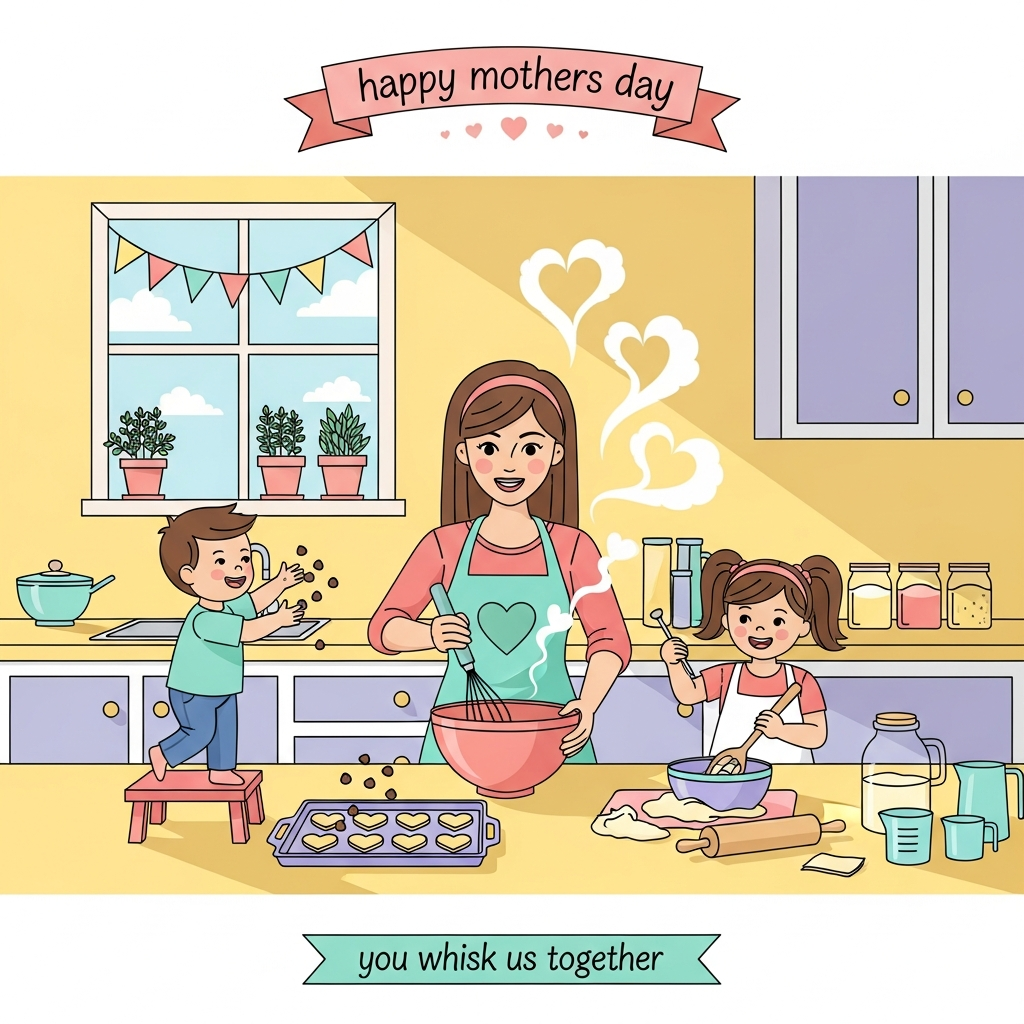 At the top of the Vector Style image, "happy mothers day" in playful hand-lettered lowercase on a soft blush-pink ribbon banner with tiny white heart accents, centered

Clean flat-vector art with crisp lines, solid color blocks, minimal gradients; cute, warm, modern.
Portrait composition. A bright, cozy kitchen scene: Mother at center in a teal heart-apron, whisking a big mixing bowl on the counter. Her little son (left) on a step-stool joyfully sprinkling chocolate chips; her daughter (right) stirring batter with a wooden spoon, rosy cheeks and happy smiles. Gentle flour puffs and steam forming subtle heart shapes. Sunlit window with bunting, potted herbs on the sill, a tray of heart-shaped cookies, pastel utensils (rolling pin, measuring cups) neatly arranged. Simple geometric cabinetry, clean surfaces, soft shadows for depth.
Color palette: butter yellow, coral pink, mint, sky blue, lavender; thin, crisp outlines; no textures, minimal shading.
At the bottom of the Vector Style image, a small mint ribbon caption: "you whisk us together"
Keep background uncluttered, emphasize family closeness and shared fun. Avoid realistic textures, heavy gradients, or photographic detail.
Generated with these themes: Her son and daughter , Cooking , Family time , and .
Made with ❤️ by AI.